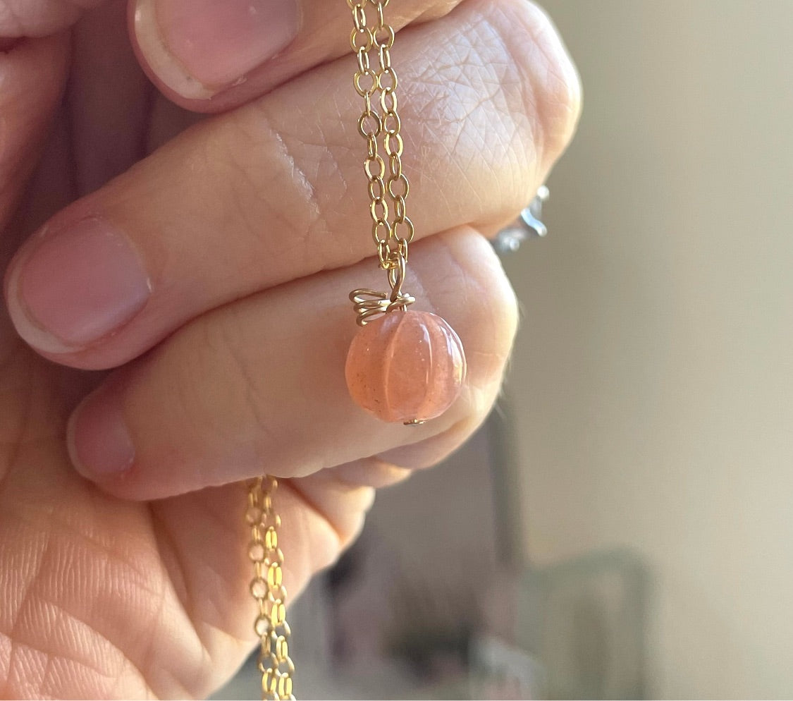 Pumpkin Charm Necklace with Peach Moonstone - Elegant Bohemian Jewelry for Women, Perfect for Halloween, Thanksgiving & Boho Fashion