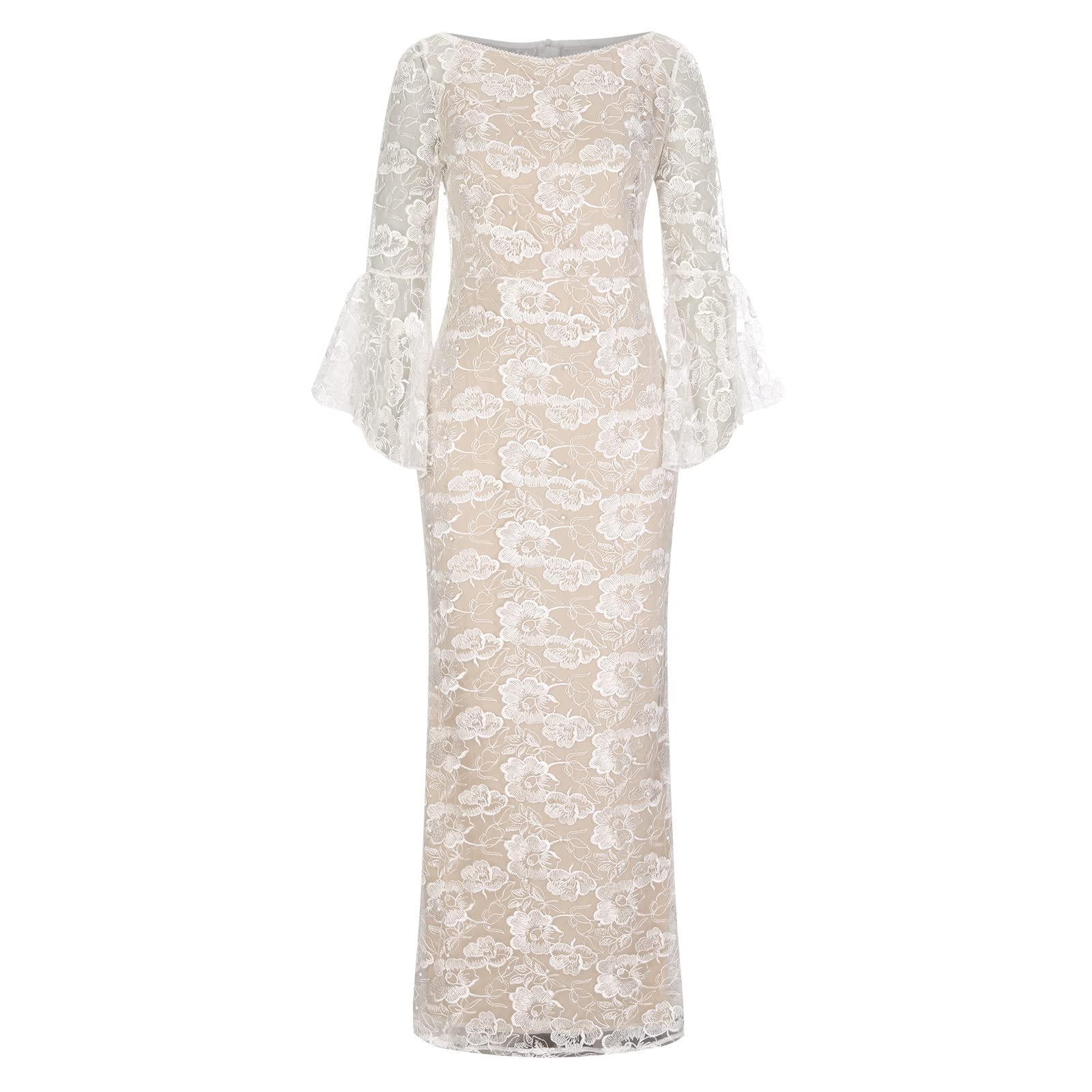 Elegant Women's Flared Long Sleeve Gown - Round Neck Formal Evening Dress with Pearl Embellishments for Wedding Guest, Prom, Cocktail Party & Special Occasions