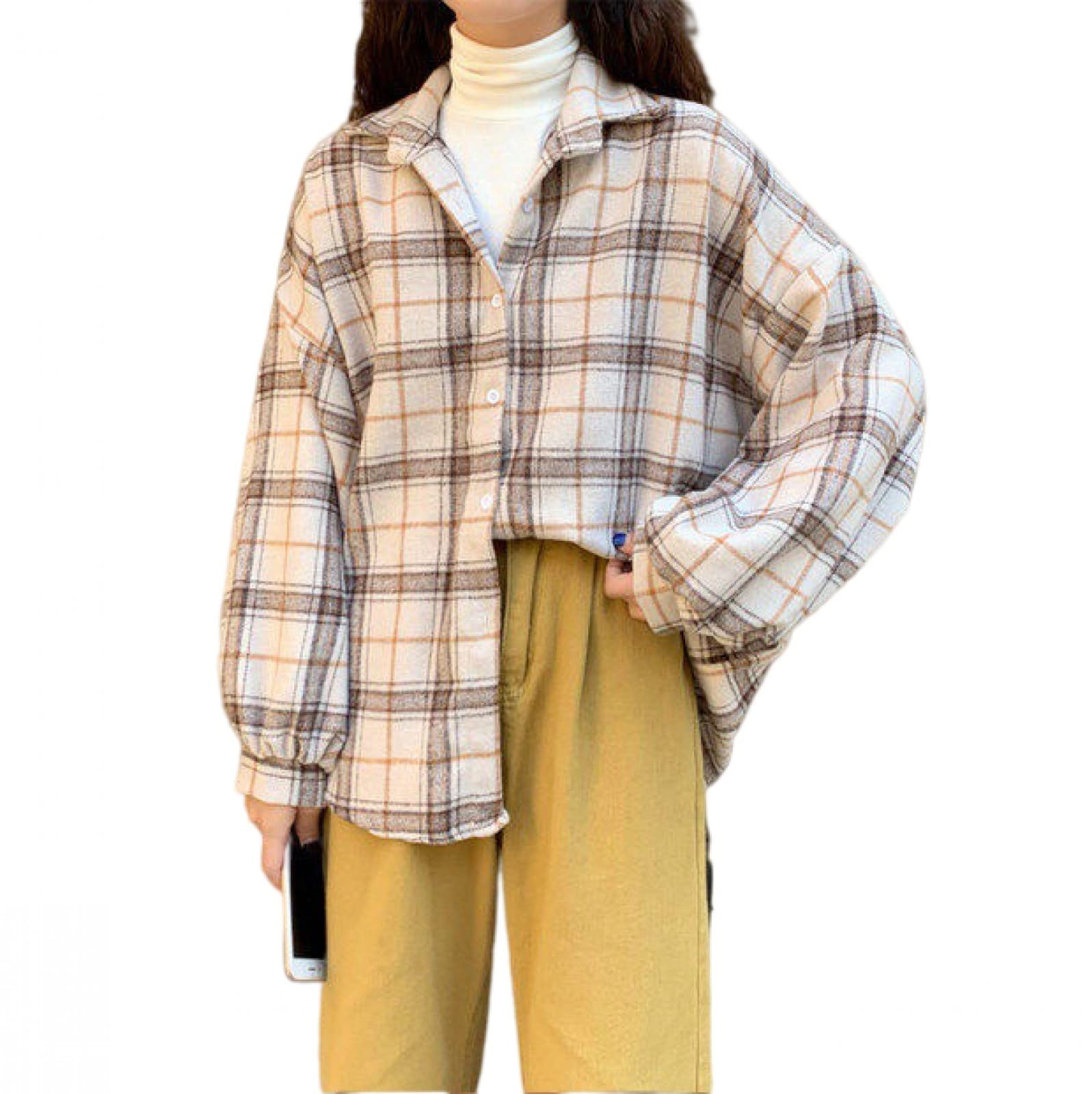 Harajuku Women's Cardigan - Retro Plaid Shirt for Women, Loose Fit Korean Fashion Top | Perfect for Spring & Autumn Layering, Casual Outfits & Streetwear Style