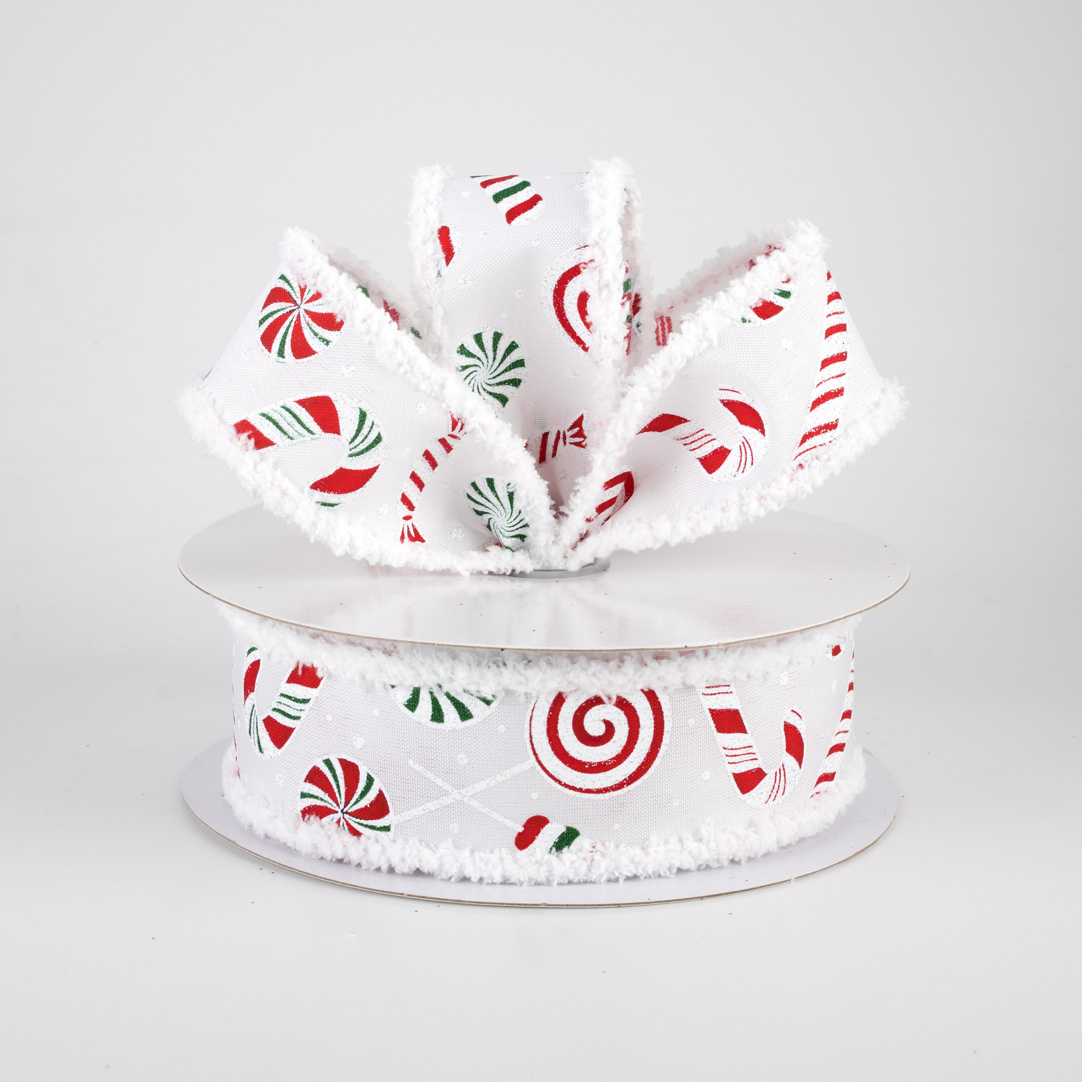 1.5 Inch Red & Green Candy Cane Peppermint Fuzzy Edge Ribbon - 10 Yards White Christmas Decorative Ribbon for Gift Wrapping, Tree Trimming & Holiday Crafts