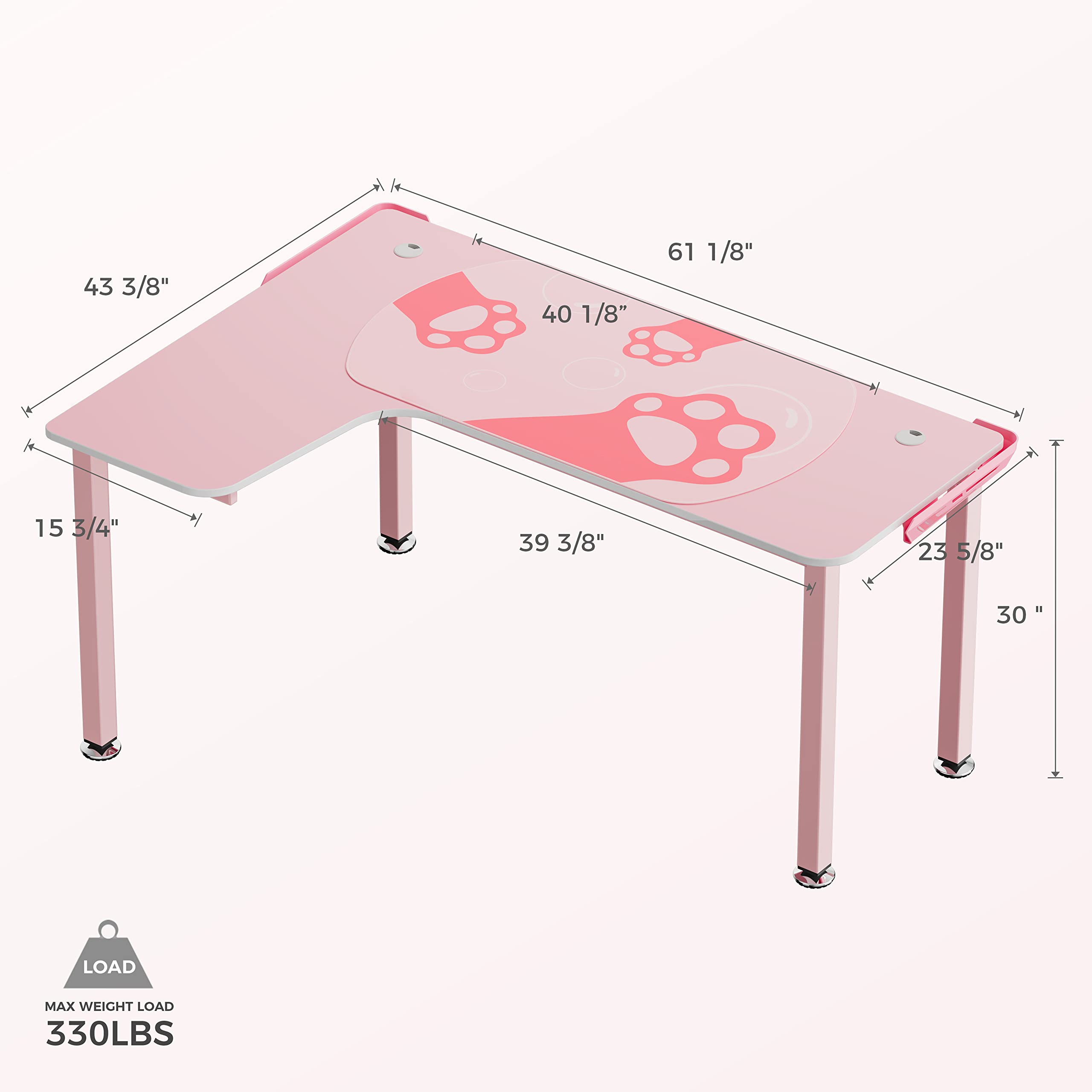 Pink L-Shaped Gaming Desk for Girls - 60 Inch Cute Pink Computer Desk with Full Covered Desk Mat, Easy Assembly, Left Side Design - Perfect for Gaming, Streaming & Home Office Setup