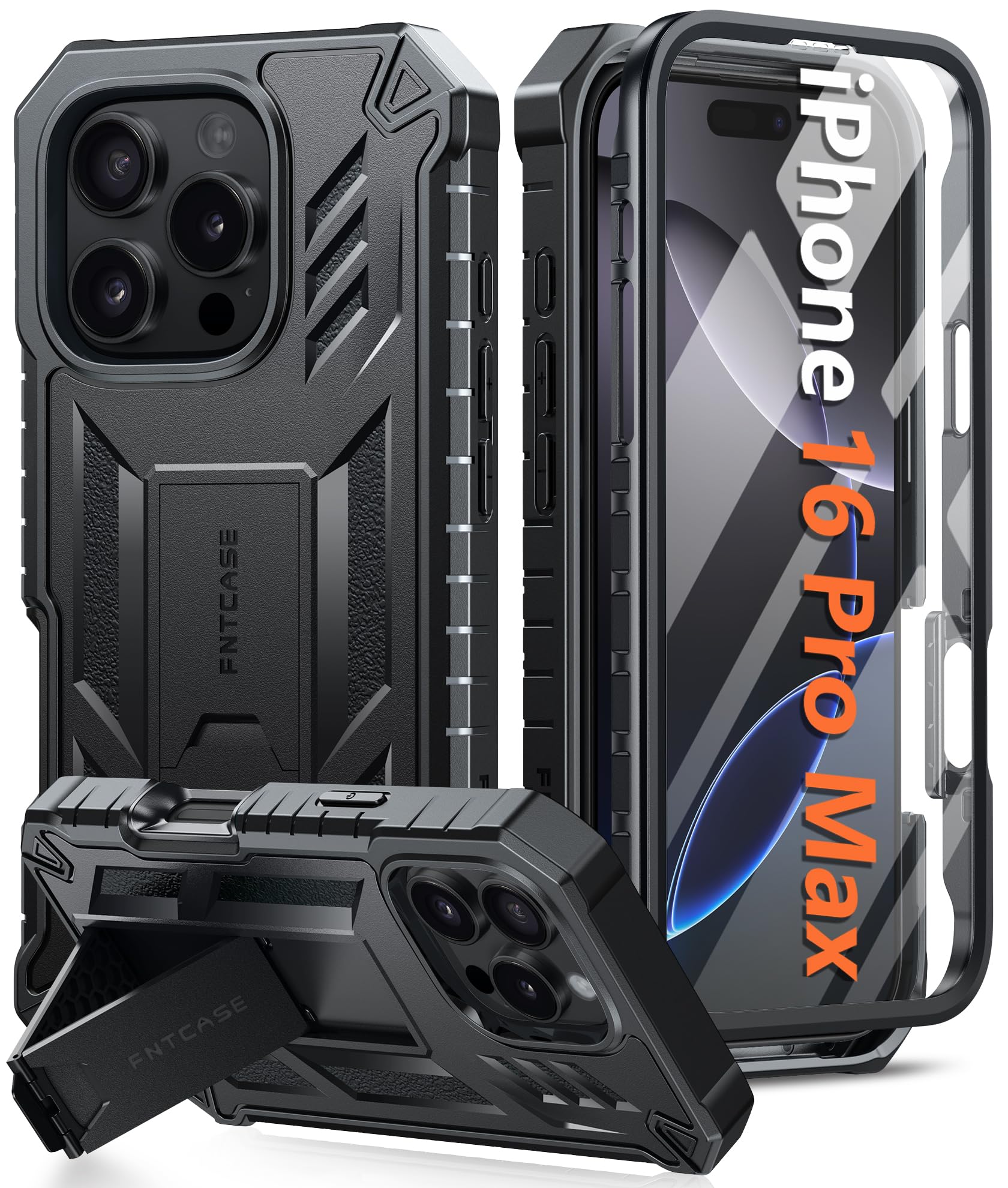 FNTCASE Military Grade Shockproof Case for iPhone 16 Pro Max (6.9 Inch) - Rugged Drop Protection Cover with Kickstand, Matte Textured TPU | Perfect for Outdoor Adventures, Construction Work & Active Lifestyles | Black