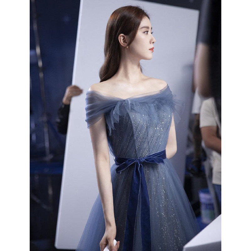 Elegant Off Shoulder Blue Long Prom Dress - A-Line Evening Formal Gown for Women - Perfect for Homecoming, Prom Night & Special Occasions