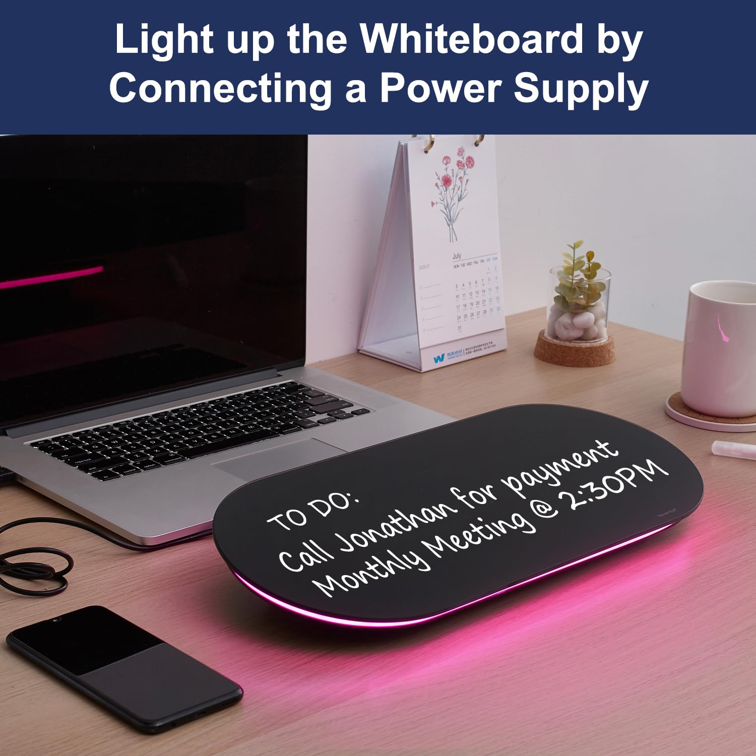 TSJ OFFICE 17x7 Inches Glass Desktop Whiteboard - Small Dry Erase Board with Pink LED Light, Glass Surface Notepad with Drawer - Perfect for Office, Home & School Organization (Black) | Ideal for Meetings, Notes & Daily Planning