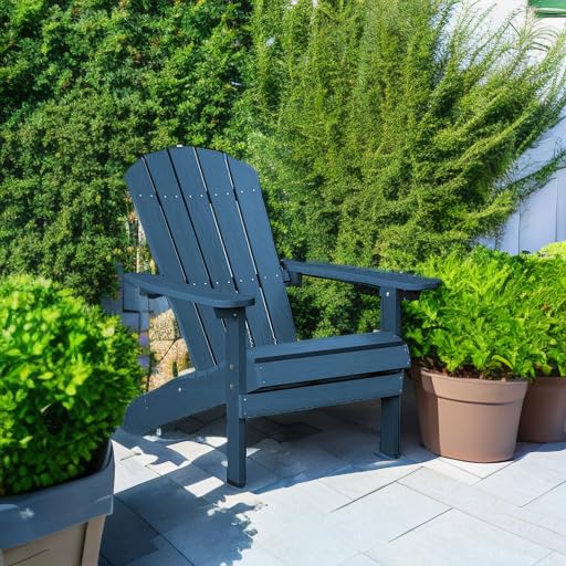 Weather-Resistant YEFU Adirondack Chair - Outdoor HIPS Plastic Patio Chair with Wood Texture - Durable Lawn, Fire Pit, Deck & Garden Furniture for Adults (Navy Blue) - Perfect for Backyard Relaxation & Outdoor Entertaining