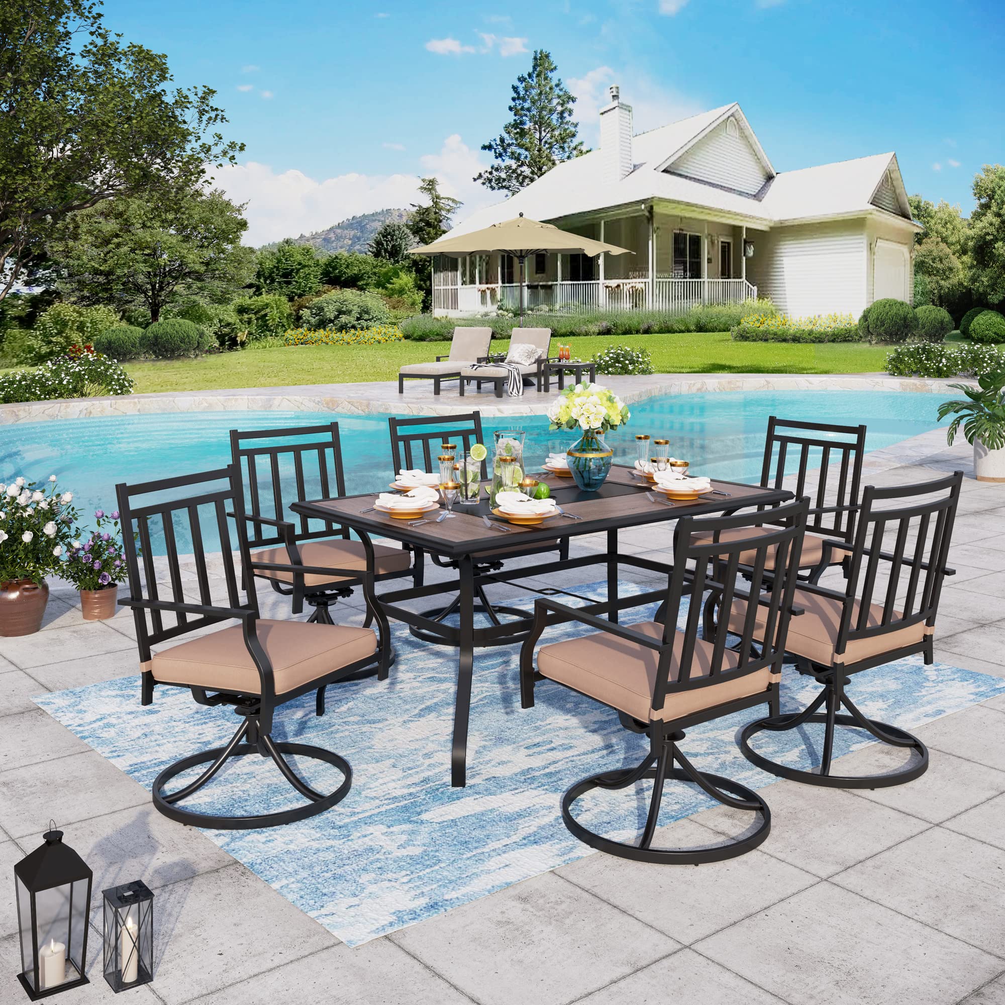 Sophia & William 7-Piece Patio Dining Set - Outdoor Metal Furniture with 6 Swivel Chairs & 1 Wood-Like Umbrella Table (Seats 6) - Perfect for Garden, Lawn, Backyard, Poolside & Outdoor Entertaining