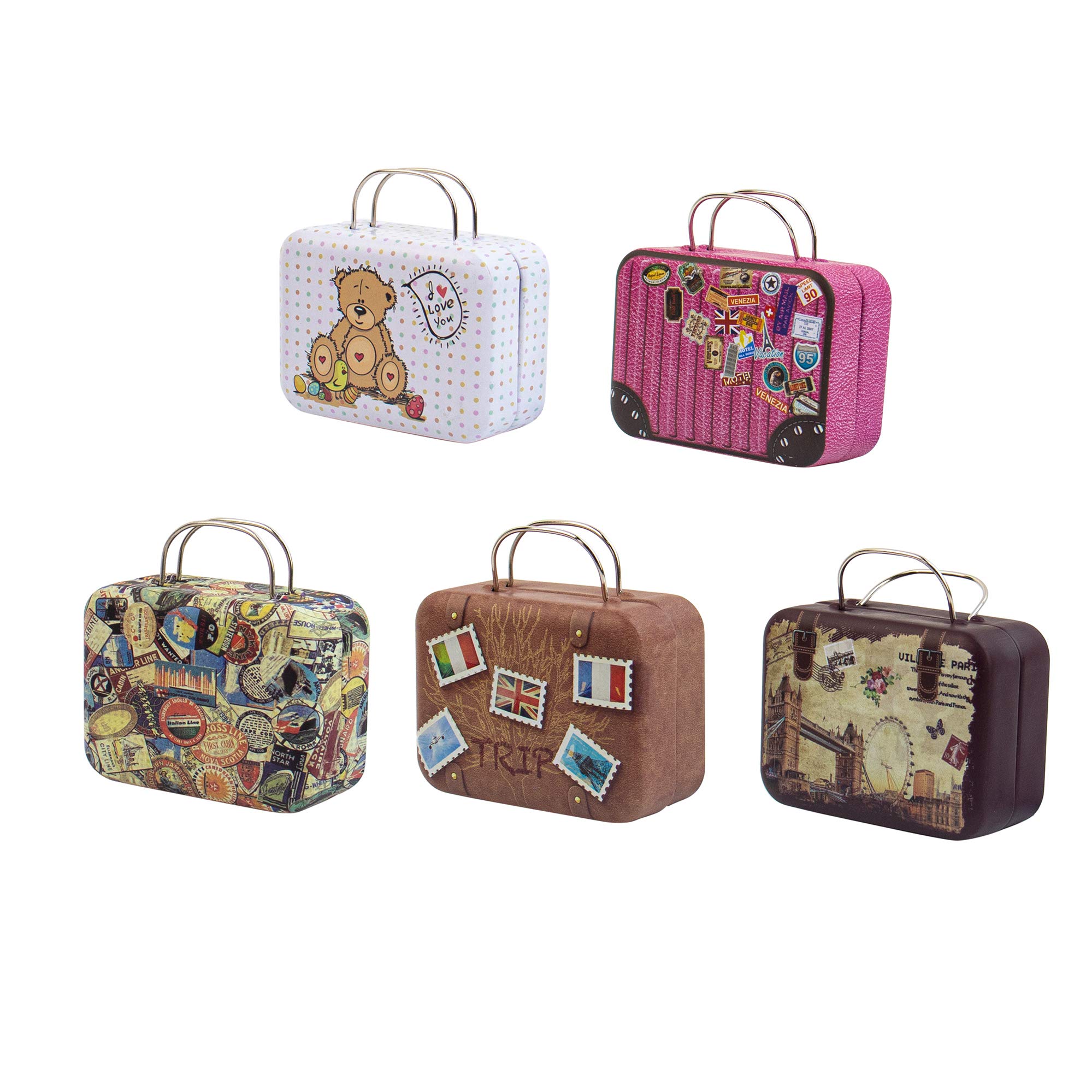 5 Pack Vintage Mini Suitcase Tin Boxes - Candy Storage, Coin Holder, Gift Box with Hinged Lid for Wedding Party Decorations | AUEAR Retro Style A | Perfect for Party Favors, Jewelry Organizer & Travel Keepsakes
