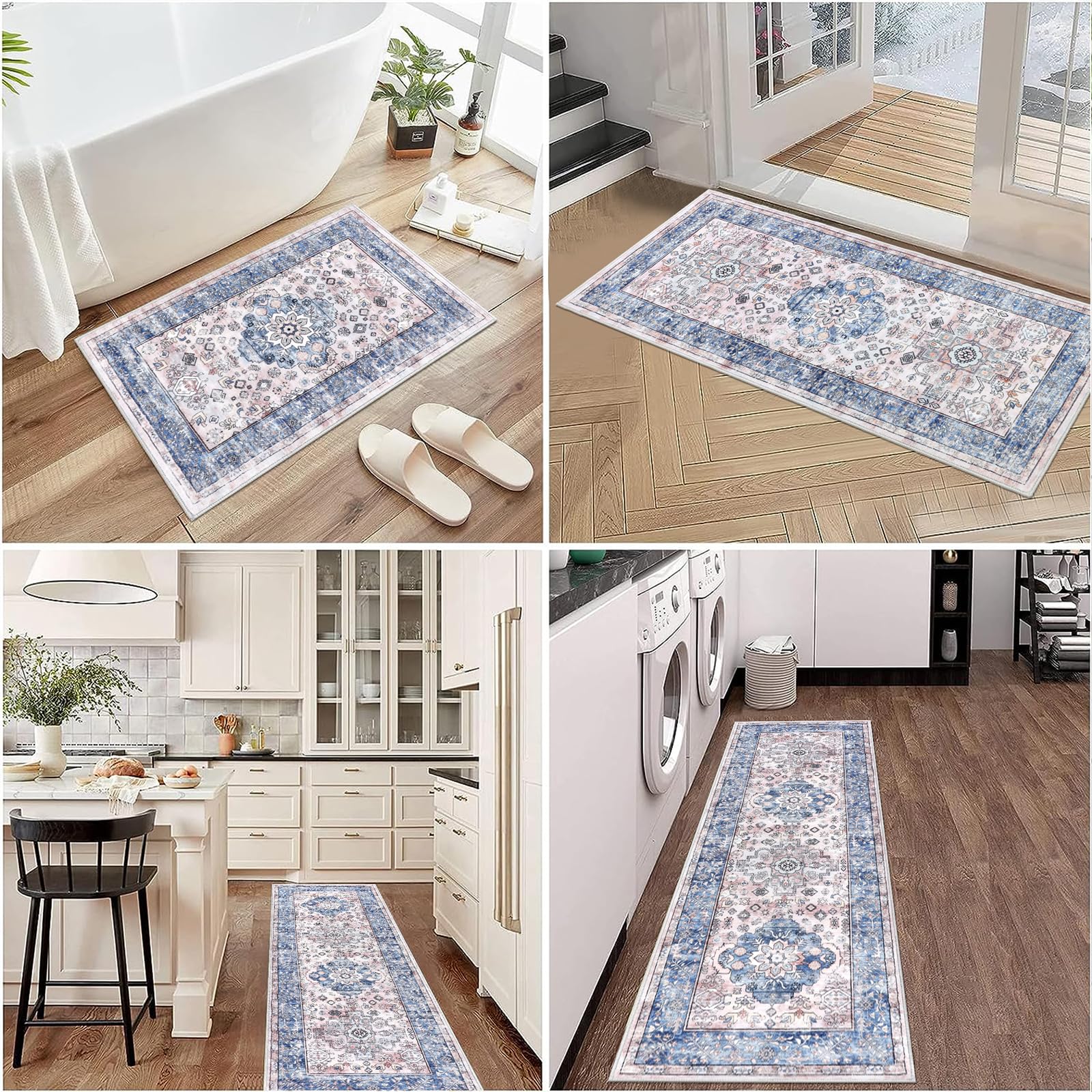 Premium Non-Slip Washable Kitchen Rugs Set of 3 - Farmhouse Style Boho Floor Mats for Kitchen Sink, Hallway & Laundry Room - Anti-Fatigue Cushioned Carpet Runner - Blue Home Decor (Perfect for High-Traffic Areas & Spill-Prone Spaces)