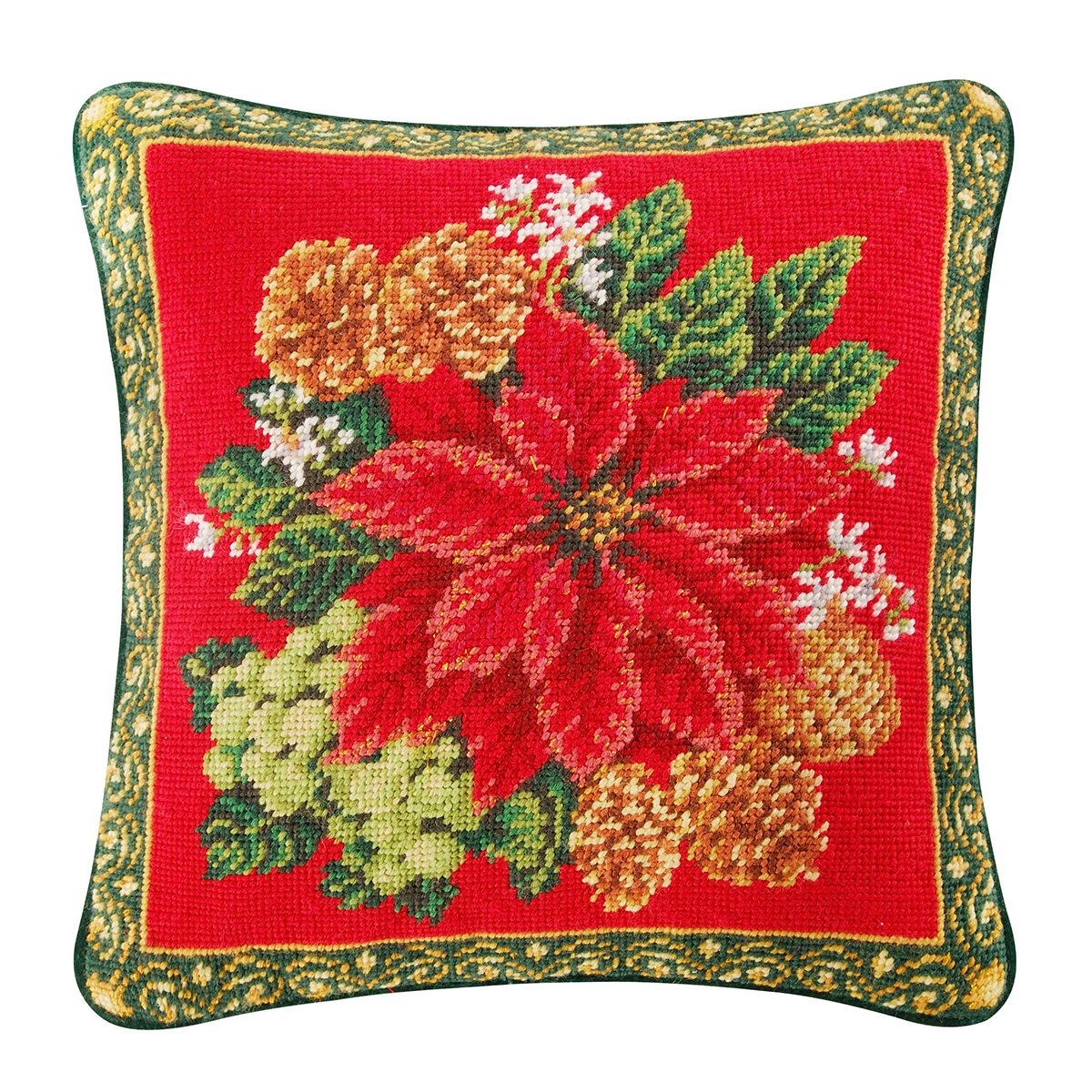 Red Poinsettia Christmas Needlepoint Pillow 14x14 Inch - Holiday Home Decor for Sofa, Bed & Festive Seasonal Decorations