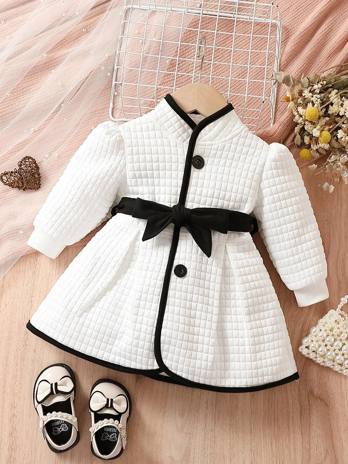 Baby Girls' Winter Thermal Belted Dress Set with Princess Coat - Classic Black & White Contrast Cardigan for Holiday Parties & Family Photos