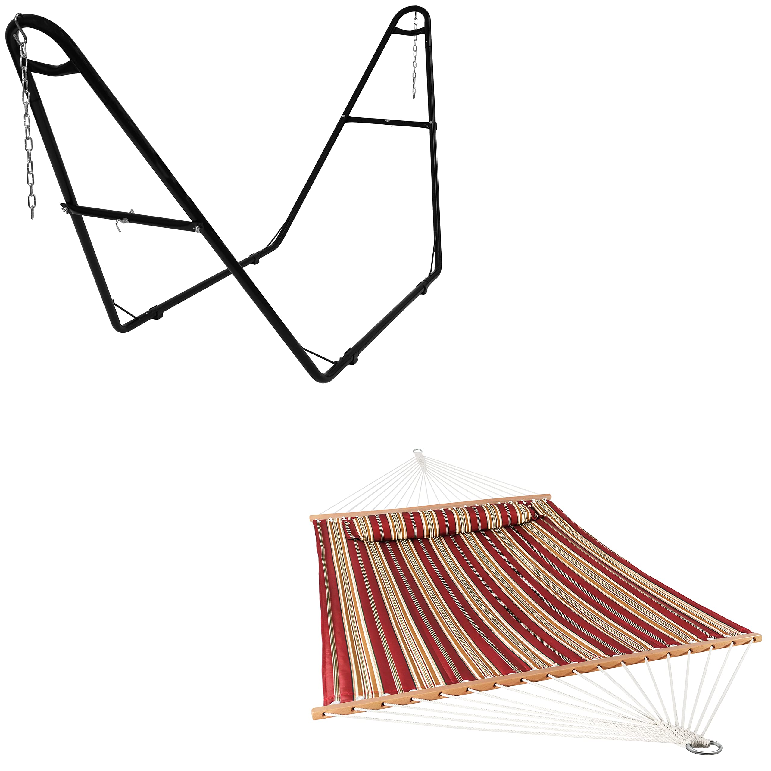 2-Person Red Stripe Isle Quilted Fabric Hammock with Pillow, S Hooks & Chains - 450lb Capacity Heavy-Duty Steel Stand - Perfect for Backyard, Patio & Outdoor Relaxation