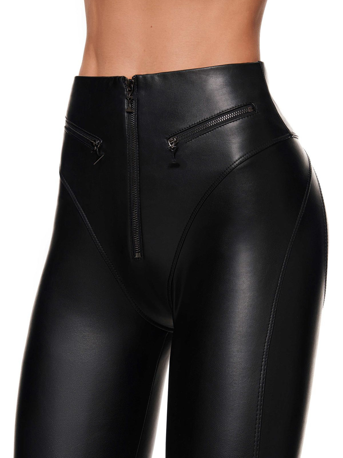 ZASUWA Women's High Waist PU Leather Leggings with Zipper Fly - Tummy Control & Hip Lift for Workout, Yoga, and Casual Wear