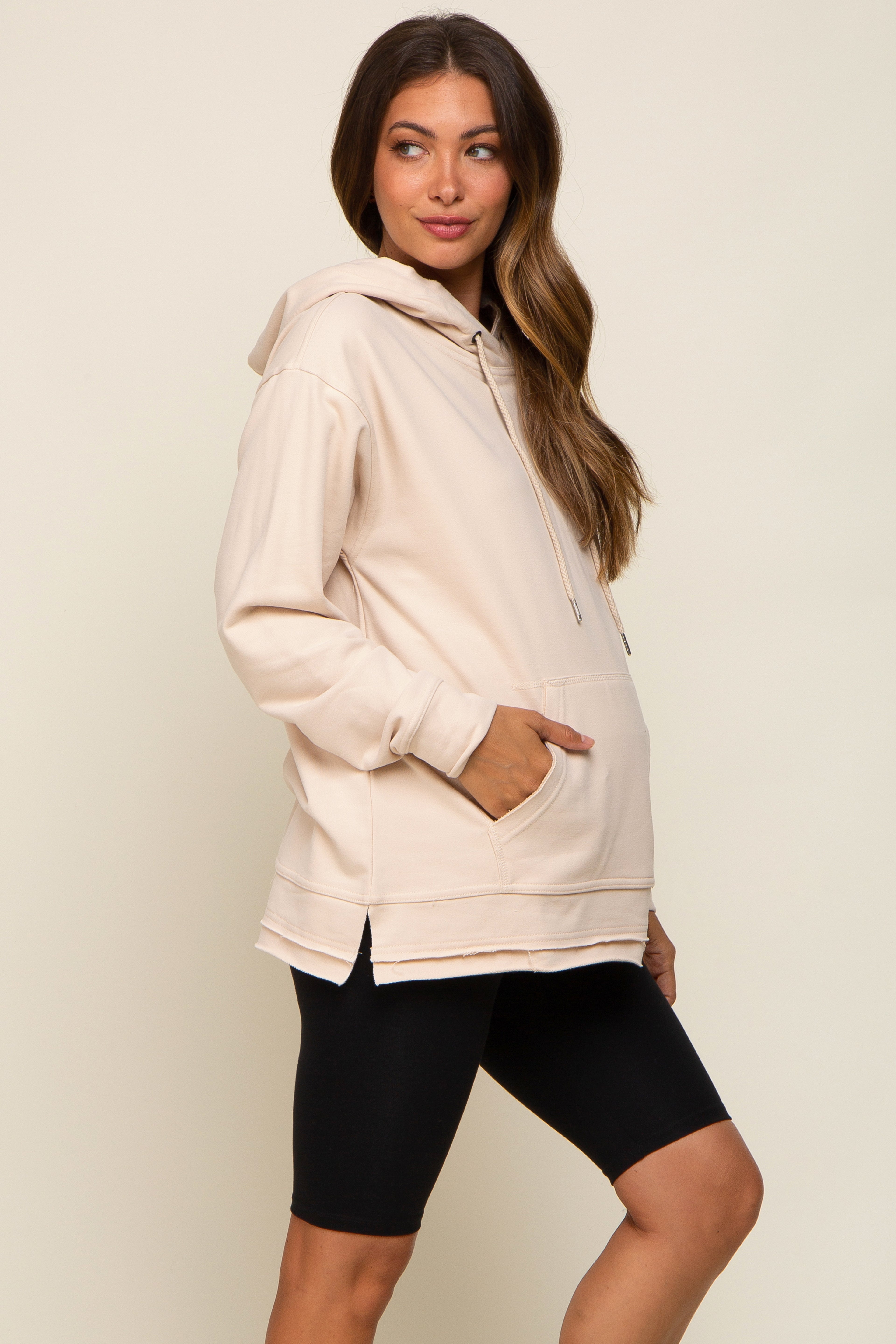 Beige Raw Hem Maternity Hooded Sweatshirt - Soft Cotton Oversized Pullover for Pregnant Women | Perfect for Casual Wear, Pregnancy Photos & Relaxing at Home