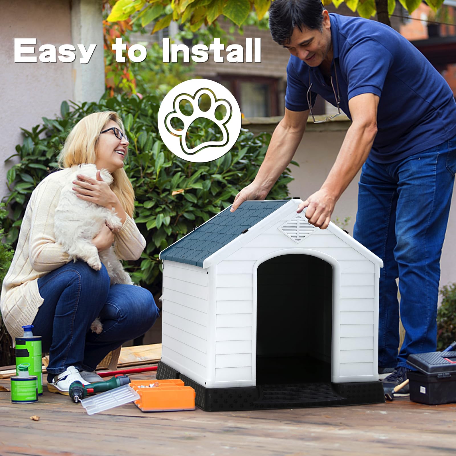 BLKMTY All-Weather Indoor & Outdoor Dog House for Large, Medium, Small Dogs - Durable Pet House with Base Support for Winter - 34