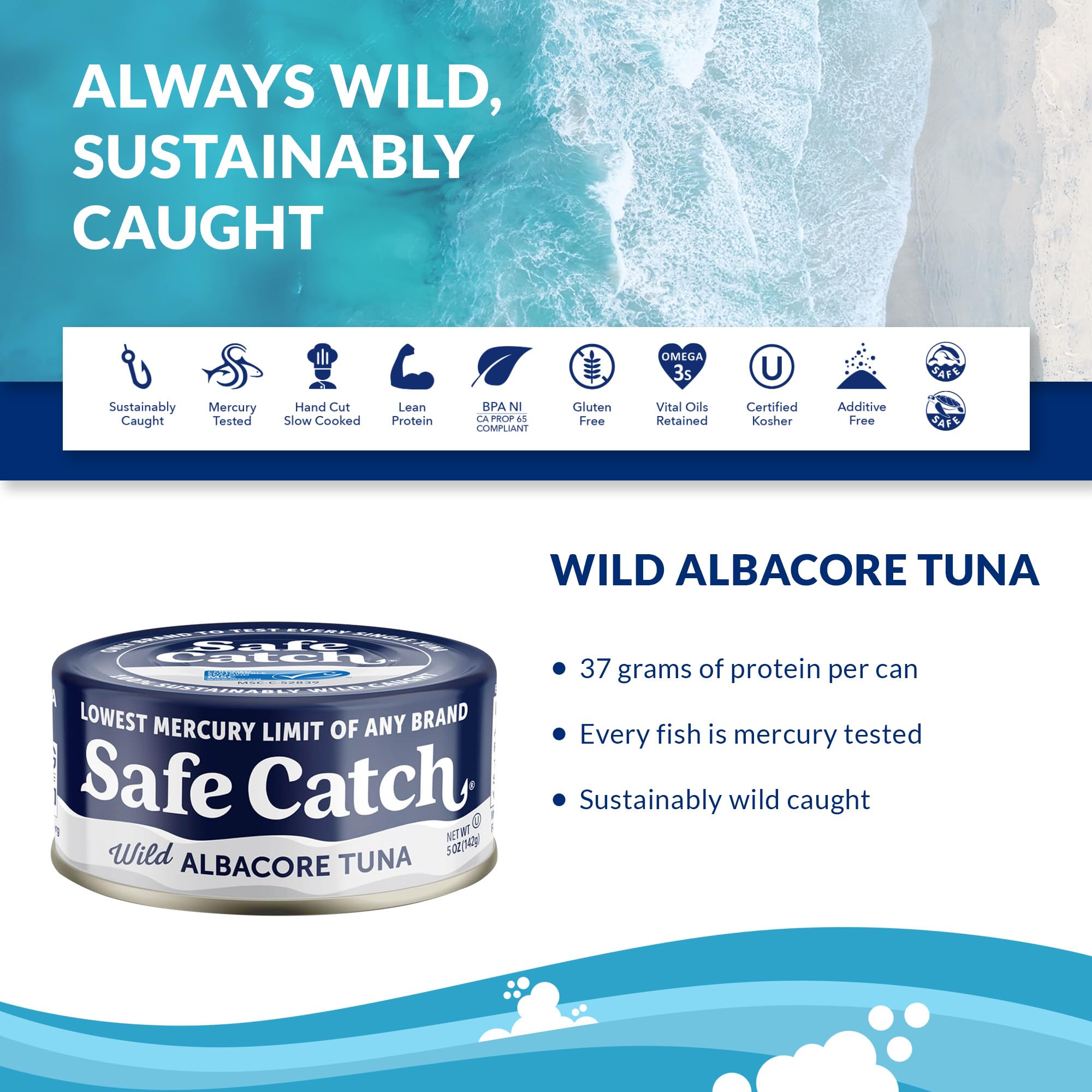 Safe Catch Wild Albacore Tuna Cans - Low Mercury, Gluten-Free, Keto, Paleo & Kosher Certified - Non-GMO, High Protein Tuna Steak - Each Can Tested for Mercury - No Added Water or Oil - 6 Pack (5oz Each) - Perfect for Healthy Lunches, Salads & Keto Meal Prep