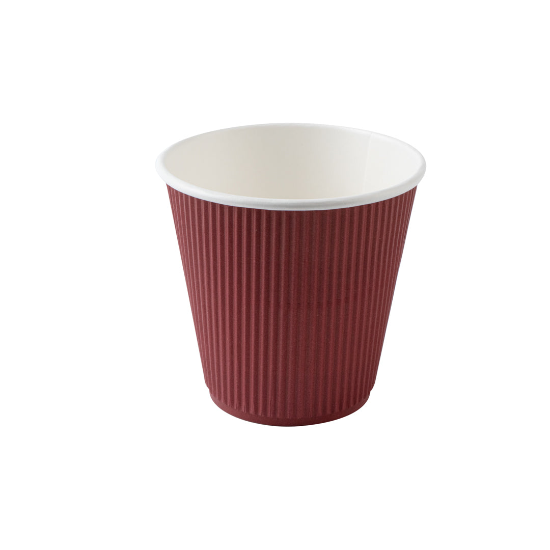 8 oz Crimson Red Ripple Wall Paper Coffee Cups with White Lids - 20 Count Box (3.5