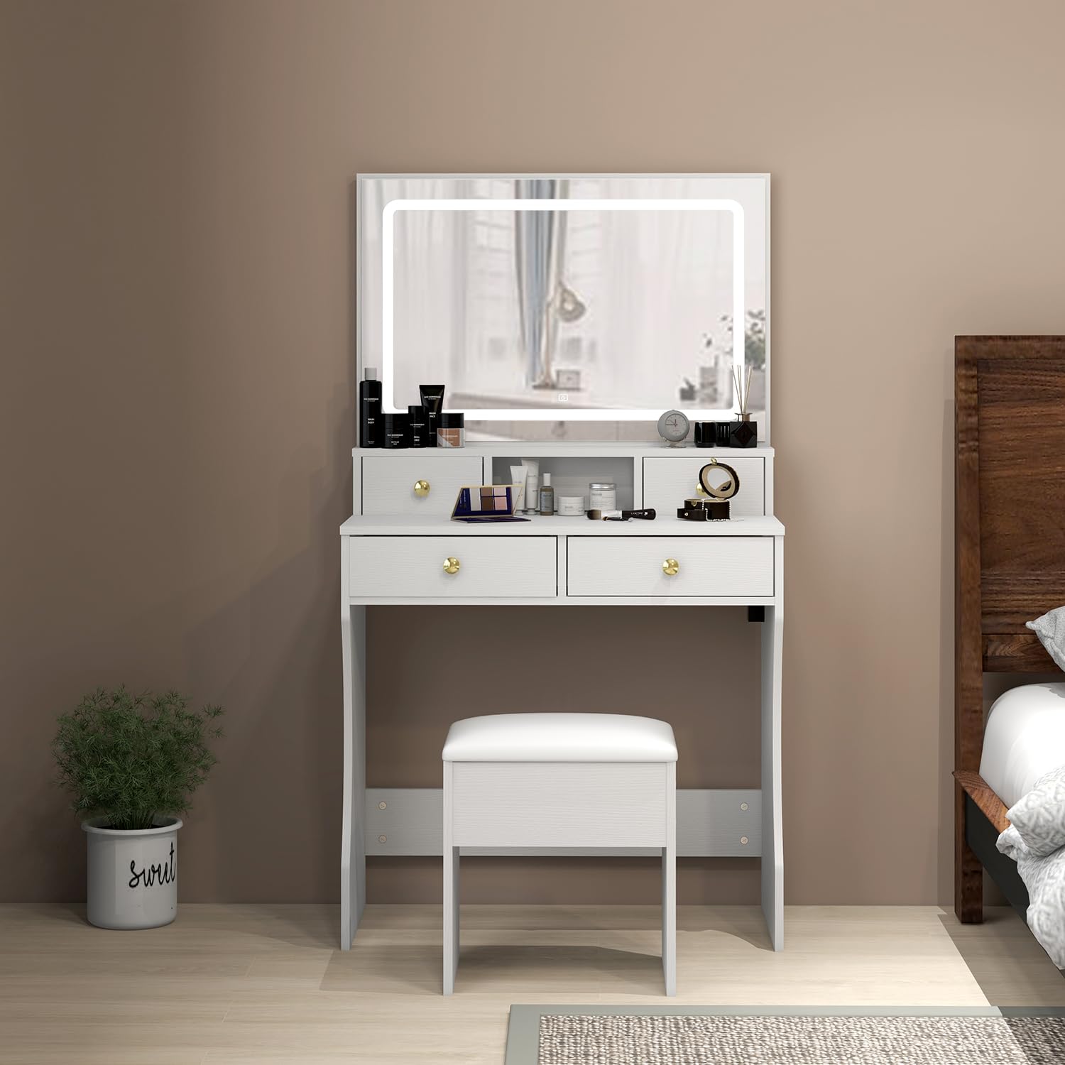 Vanity Desk Set with Adjustable LED Lighted Mirror & Stool - 4-Drawer Makeup Dressing Table with Power Outlet for Girls & Women - Perfect for Bedroom, Dorm, or Home Beauty Station (White)