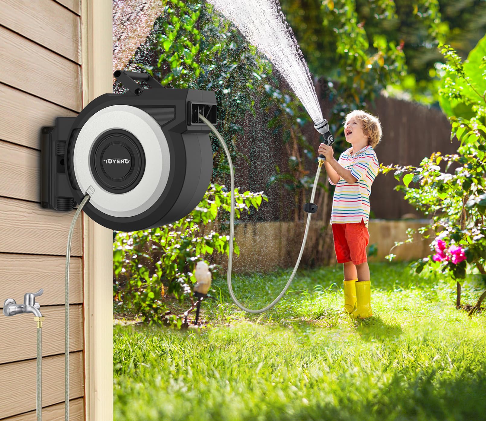 Tuyeho 130 FT Retractable Garden Hose Reel - Heavy Duty Wall Mount Water Hose Reel with Automatic Slow Rewind System - Includes 2 Hose Nozzles - Perfect for Garden Watering, Car Washing, Pet Bathing & Outdoor Cleaning