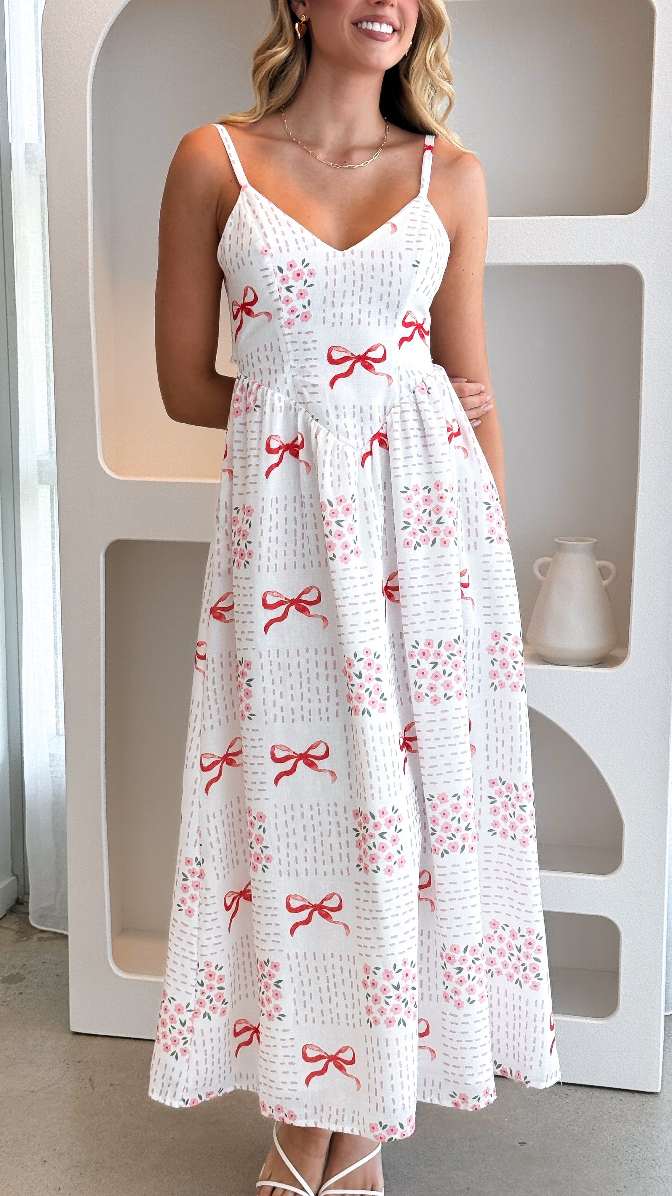 Georgina Maxi Dress with Sweet Bow - Elegant Pink Flowy Long Dress for Women | Perfect for Weddings, Parties & Summer Outfits