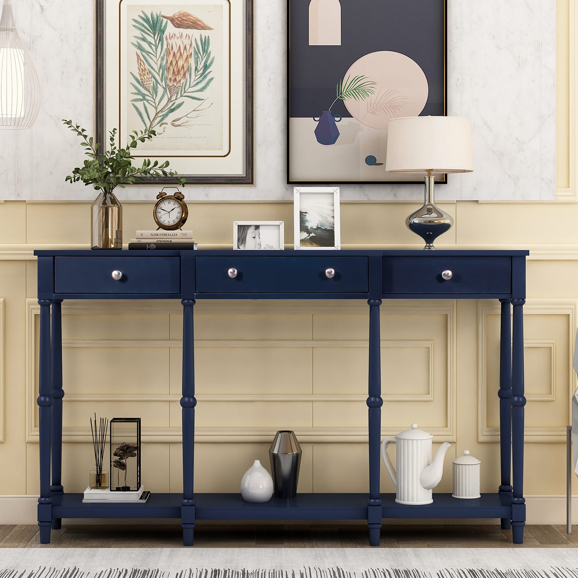 Solid Wood Console Table - Classic Entryway Sofa Table with Storage Shelf & Drawer | Navy Blue Hallway Furniture for Living Room, Bedroom & Foyer Decor
