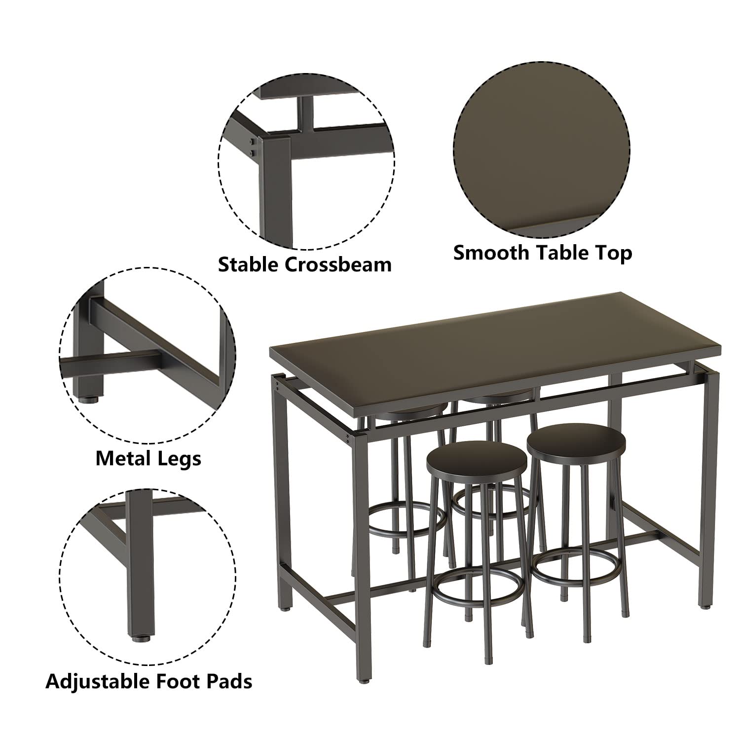 AWQM 4-Piece Counter Height Dining Table Set with 4 Chairs - Modern Kitchen & Bar Table for Small Spaces - Black - Perfect for Breakfast Nook, Living Room, Pub & Compact Homes - Easy Assembly