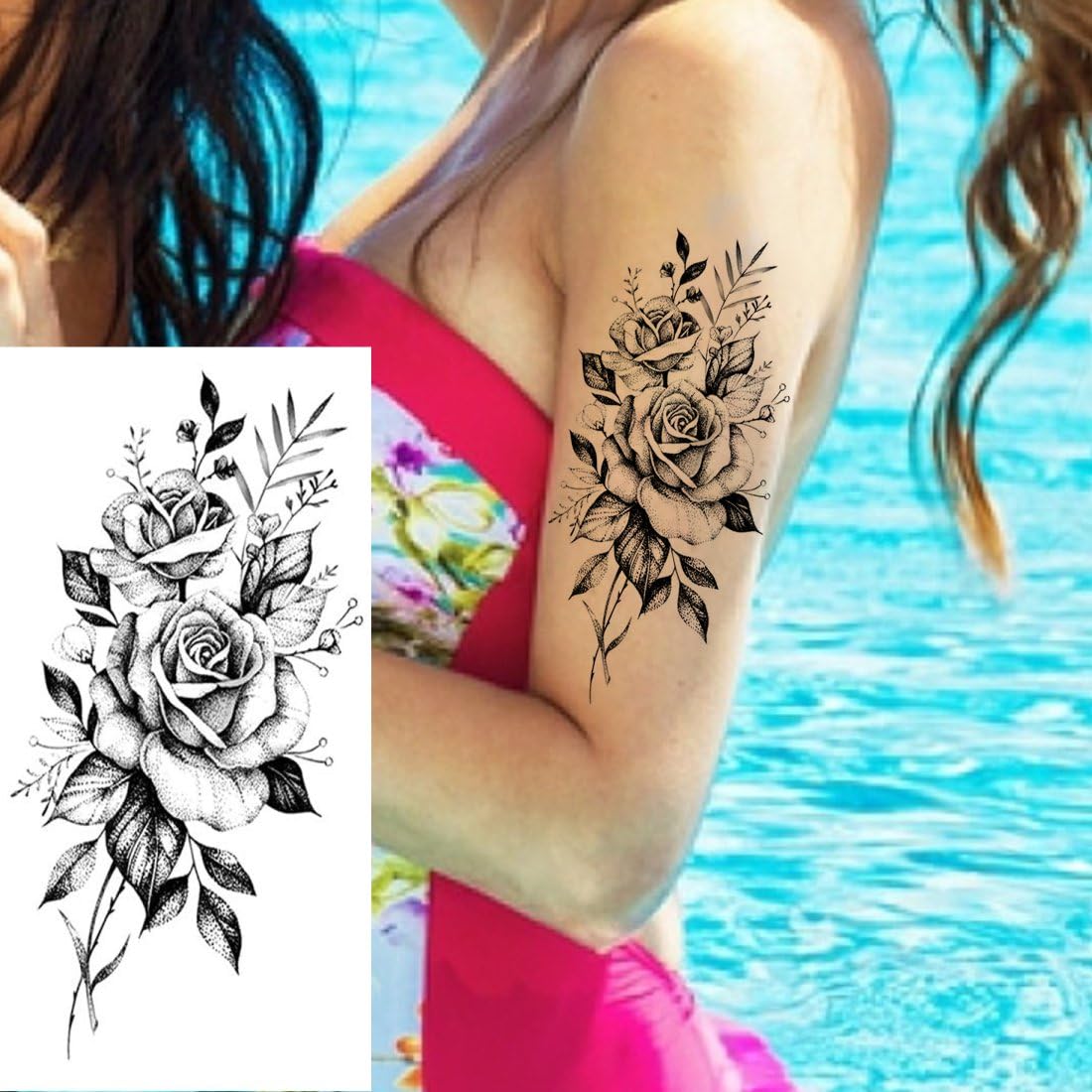 Black Rose with Leaf Temporary Tattoo - Waterproof Body Art Stickers for Women & Teens - Small Fake Tattoos for Hand, Neck, Wrist - Perfect for Parties, Festivals & Self-Expression