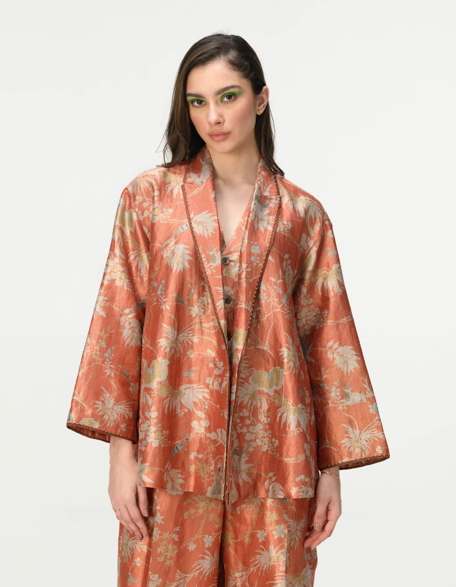 Luxury Silk Brocade Cape Coat with Coral Design - Elegant Evening Wear for Women | Perfect for Weddings, Galas, and Special Occasions