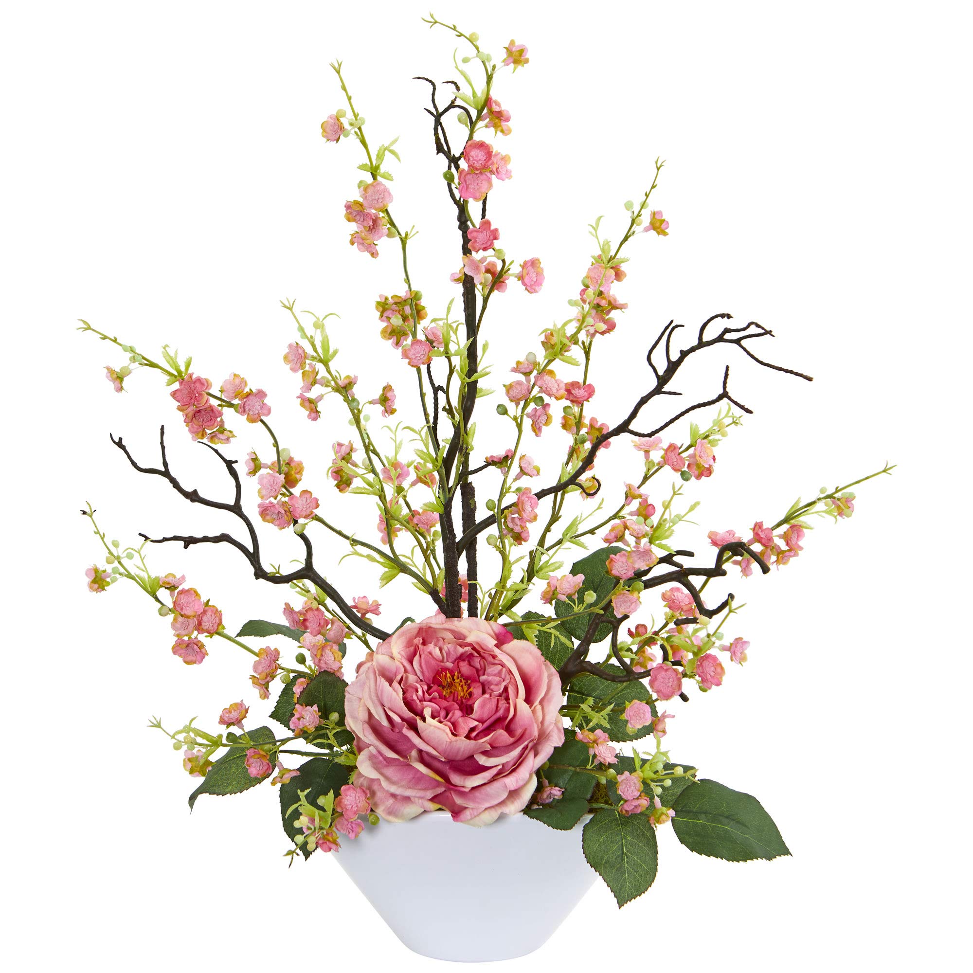 Nearly Natural Pink Rose & Cherry Blossom Silk Flower Arrangement - Artificial Floral Centerpiece for Home Decor, Wedding, Office & Tabletop Display
