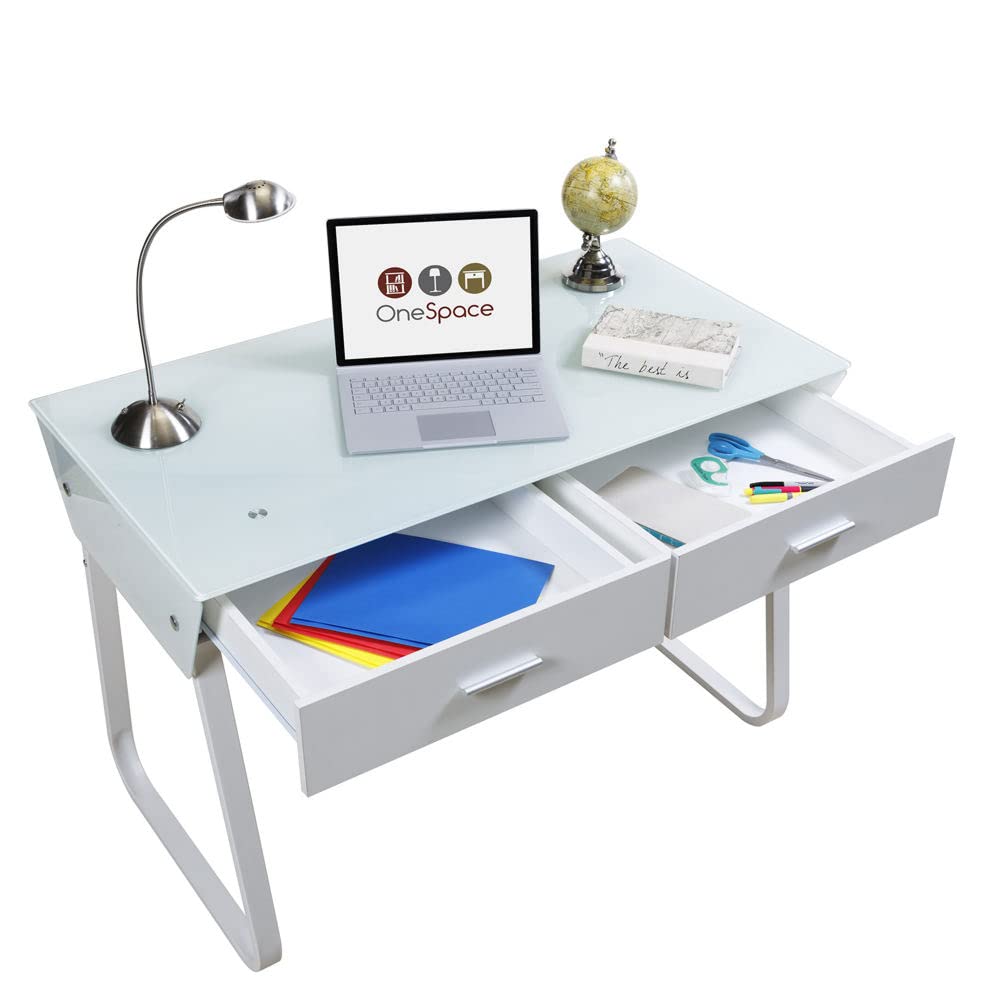 OneSpace Ultramodern Glass Computer Desk with Drawers - White Medium Size Home Office Desk for Work & Study - Perfect for Small Spaces, Gaming Setup & Modern Home Office