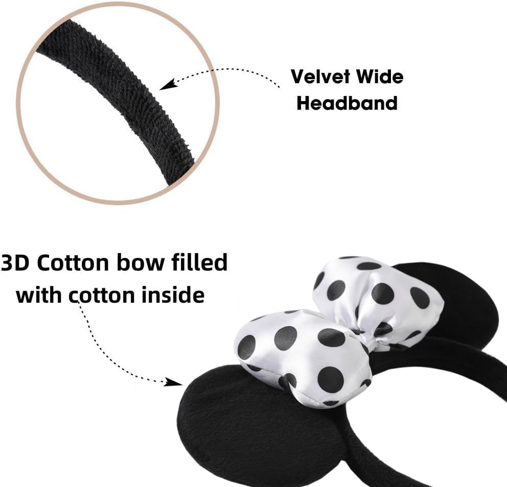 3D Polka Dot Velvet Mouse Ear Hair Bow Headband for Women & Girls - Amusement Park Photography Accessory - Fashionable Satin White Headwear for Disney Trips, Birthday Parties & Cosplay Events