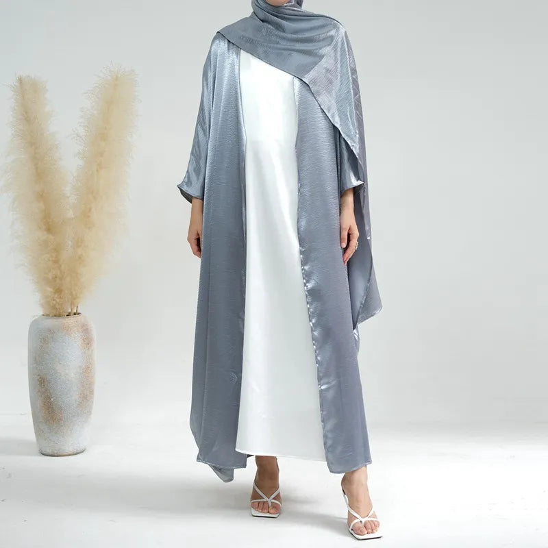 Stylish Batwing Sleeve Open Front Cardigan Abaya Dress with Matching Hijab Scarf - Perfect for Prayer, Modest Fashion, and Special Occasions