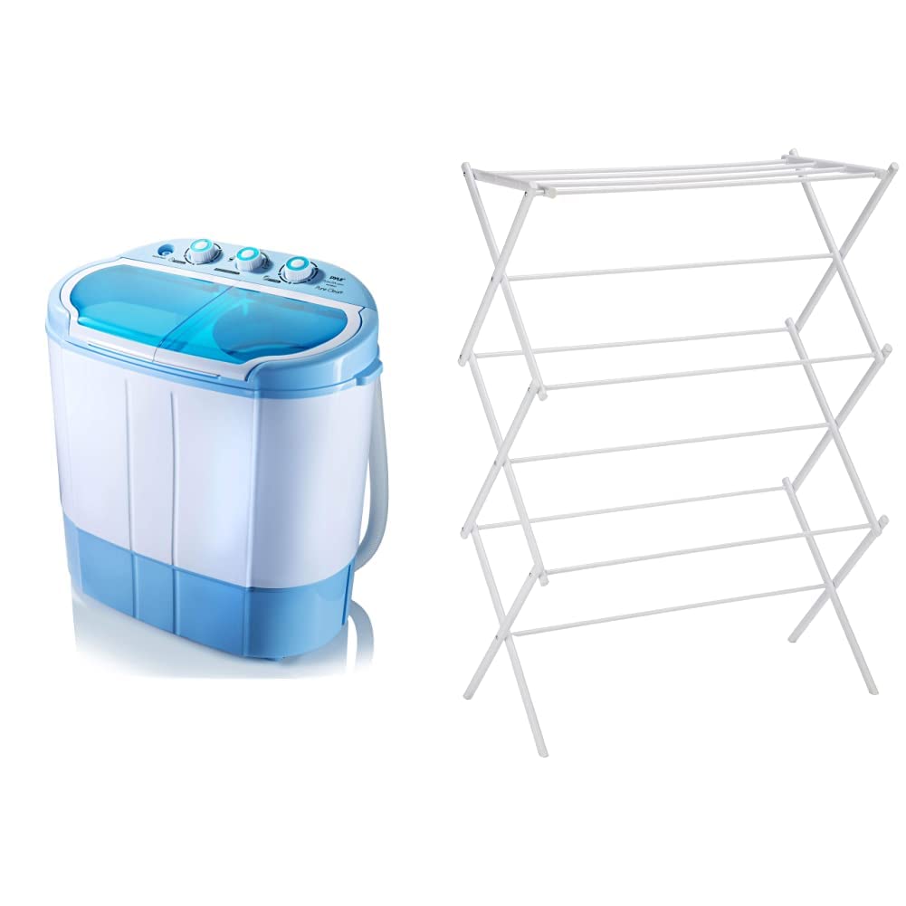 Pyle XPB20-288S Compact Portable Washer & Dryer Combo - 0.9 Cu.Ft Capacity, White & Amazon Basics Foldable Laundry Drying Rack - 41.8