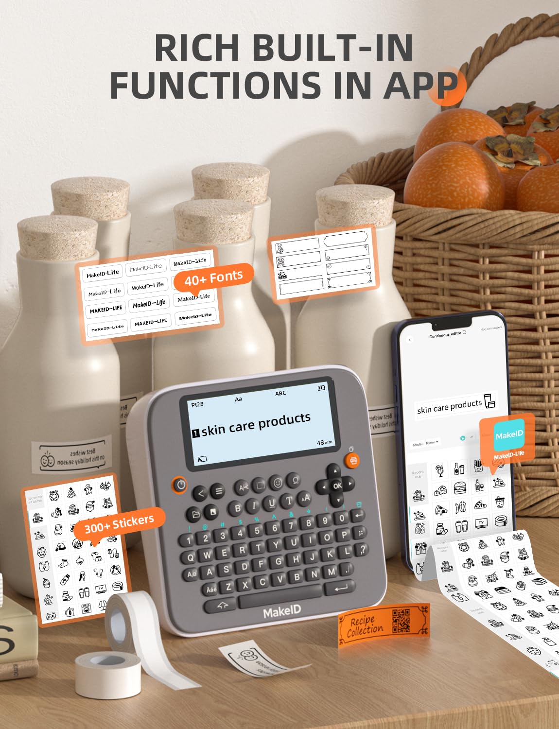 Makeid Label Maker E1 - Bluetooth Rechargeable Label Printer with QWERTY Keyboard & 3.4