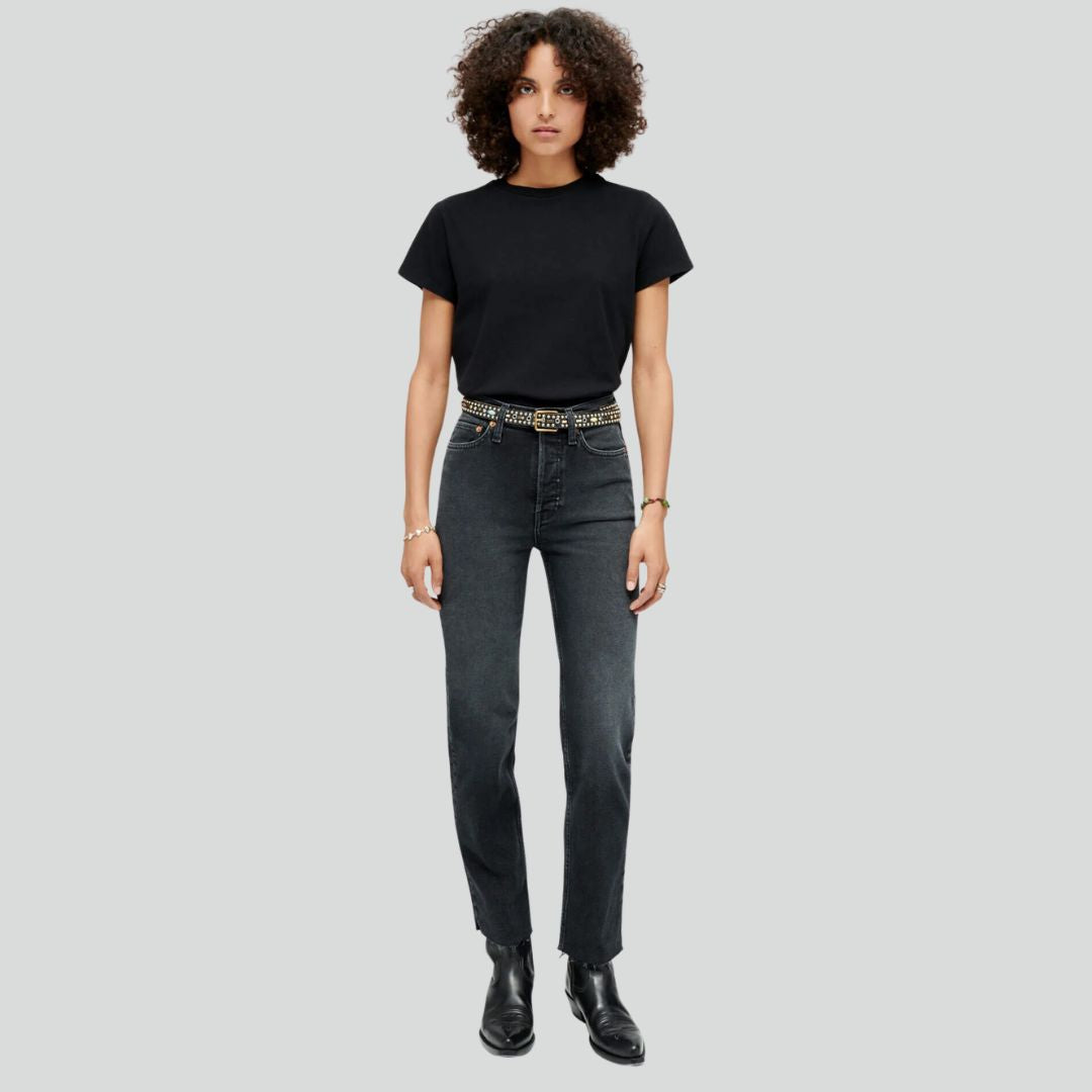 Vintage 70s High Waisted Stove Pipe Jeans - Distressed Washed Noir Denim Pants for Women | Retro Fashion, Casual Wear & Party Outfits