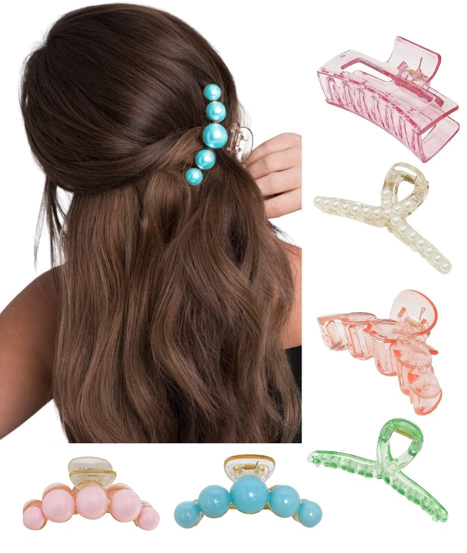 Korean Large Pearl Hair Clips - 6 Pack Transparent Resin Shell Barrettes for Women & Girls, Perfect for Weddings & Parties