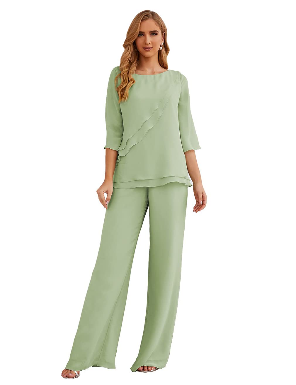 Elegant Women's 2-Piece Chiffon Half-Sleeve Pant Suit Set for Mother of The Bride & Wedding Guests | Formal Occasion Outfit for Weddings, Parties & Special Events