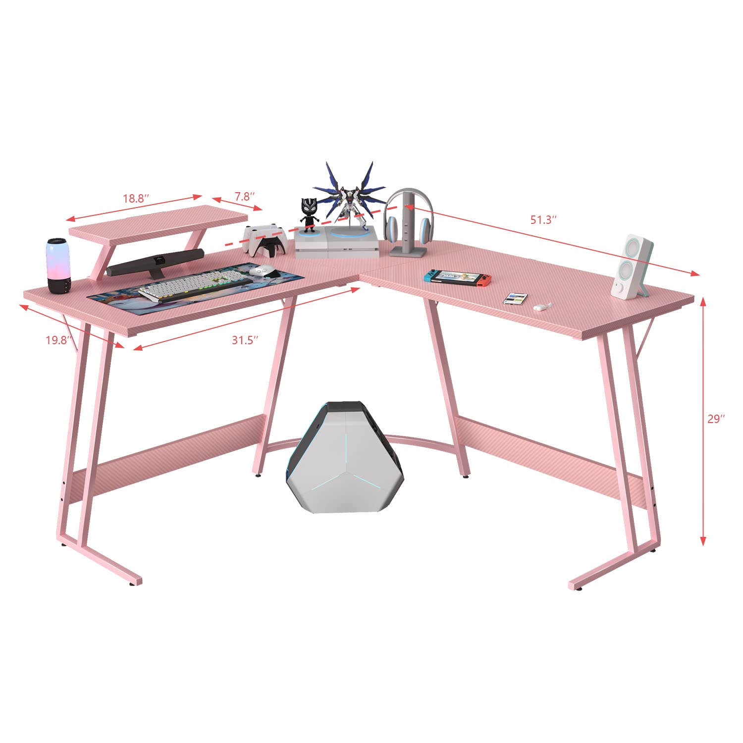 Homall Pink L-Shaped Gaming Desk 51 Inch - Corner Computer Desk with Large Monitor Stand for Home Office, Study, Writing & Gaming Workstation - Ergonomic Design, Durable Construction - Perfect Gift for Girls & Women (Pink) - Ideal for Small Spaces & Multi-Tasking