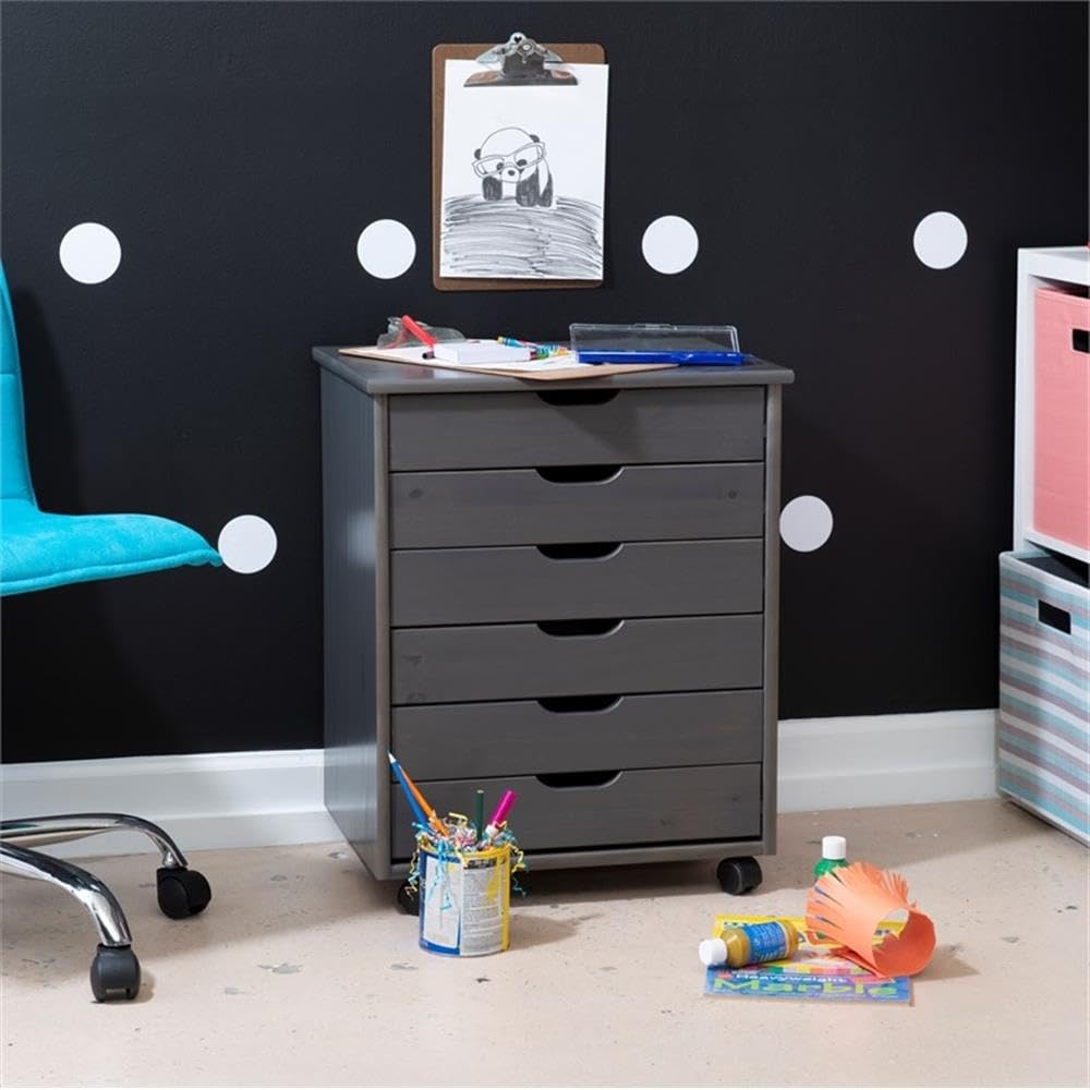 6-Drawer Wide Wooden Rolling Cart with Wheels - Gray Storage Organizer for Home, Office, or Craft Room