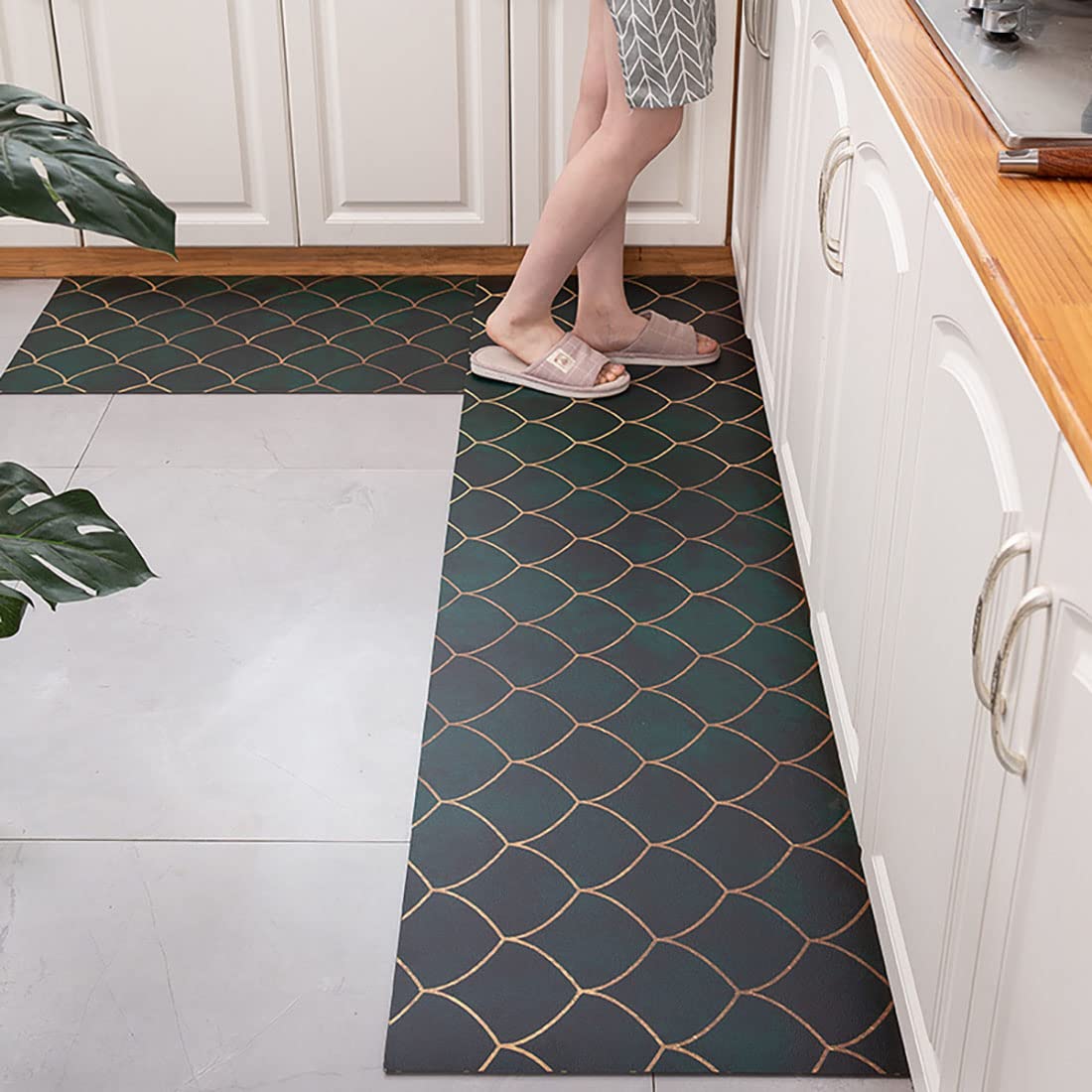 HHXY 2-Piece Anti-Fatigue Kitchen Mat Set - Waterproof, Non-Slip, Heavy Duty PVC Ergonomic Comfort Floor Mats for Kitchen, Home, Office, Sink, Laundry, Cooking, Dishwashing, and Standing Work (Green)