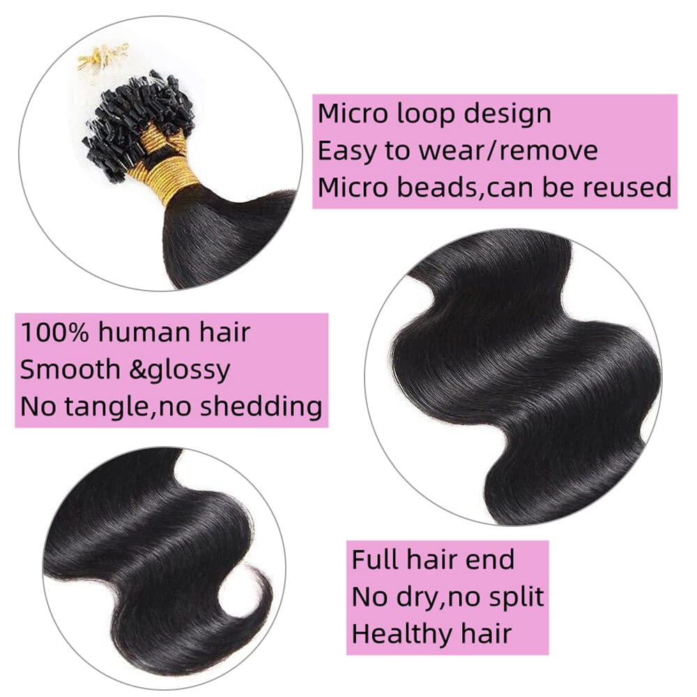 Body Wave Micro Loop Hair Extensions 100G - 100% Human Hair, 20 Inch Brazilian Wavy Hair for Black Women - 1G/Strand Microlink Bead Extensions (100 Strands) - Perfect for Daily Styling, Special Occasions & Volume Boosting