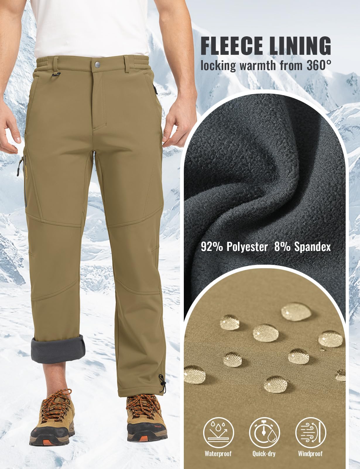 Rdruko Men's Waterproof Insulated Snow Pants - Winter Hiking, Snowboarding & Skiing Fleece-Lined Softshell Pants for Cold Weather Outdoor Activities