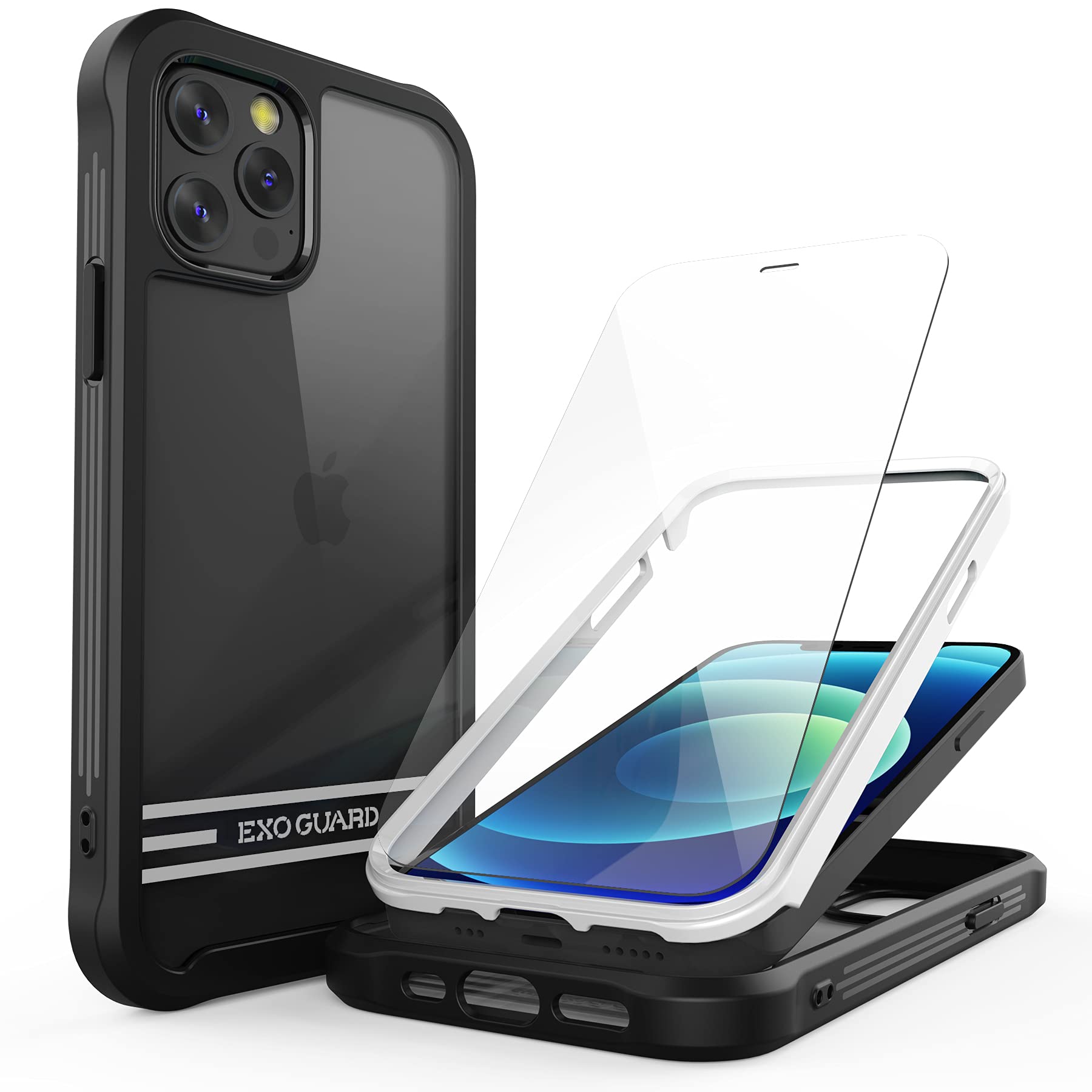 ExoGuard Shockproof Clear Hard Back iPhone 12 Case with Screen Protector - Full Body Protection for iPhone 12 & iPhone 12 Pro (Black) | Perfect for Outdoor Activities, Work & Daily Use