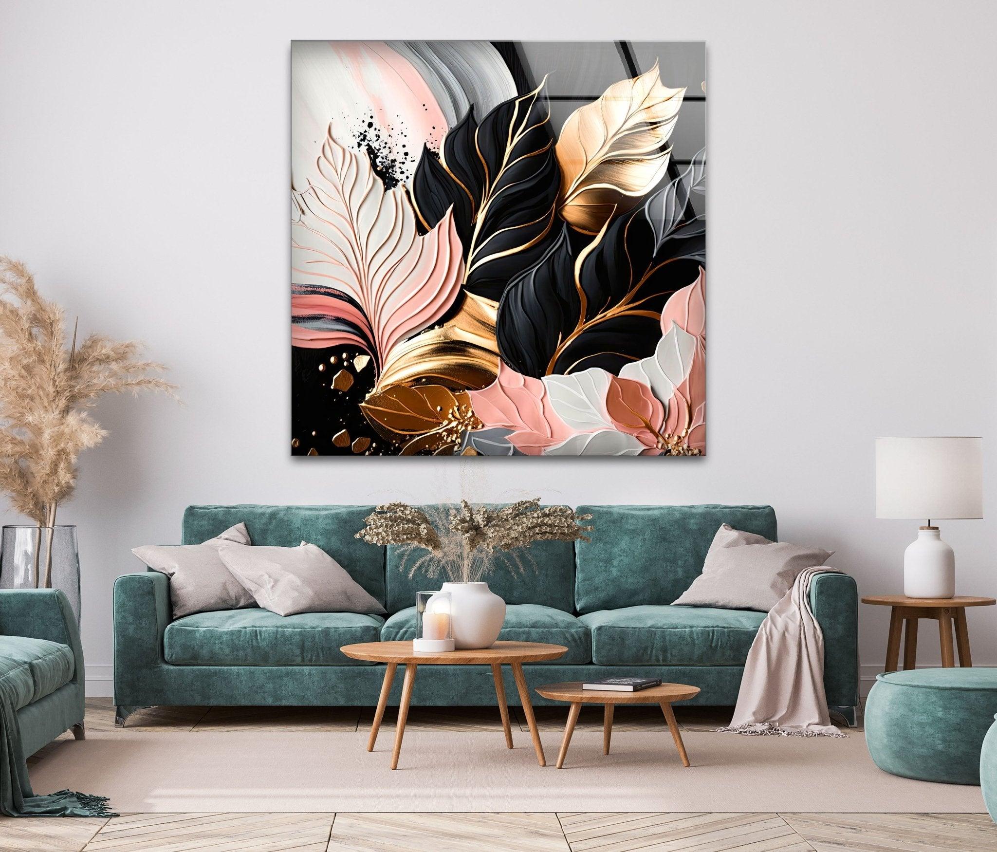 Abstract Pink Gold Leaf Glass Wall Art - Modern Home Decor for Living Room, Bedroom & Office - Elegant Handmade Artwork for Gifts & Interior Design