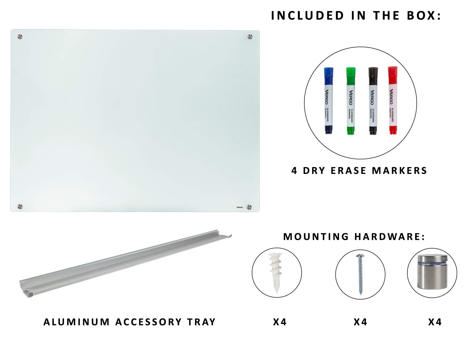Vergo 4' x 3' Frosted Glass Dry Erase Whiteboard - Wall Mounted Glass White Board for Office, Classroom & Home Use - Durable Frameless Design for Meetings & Presentations