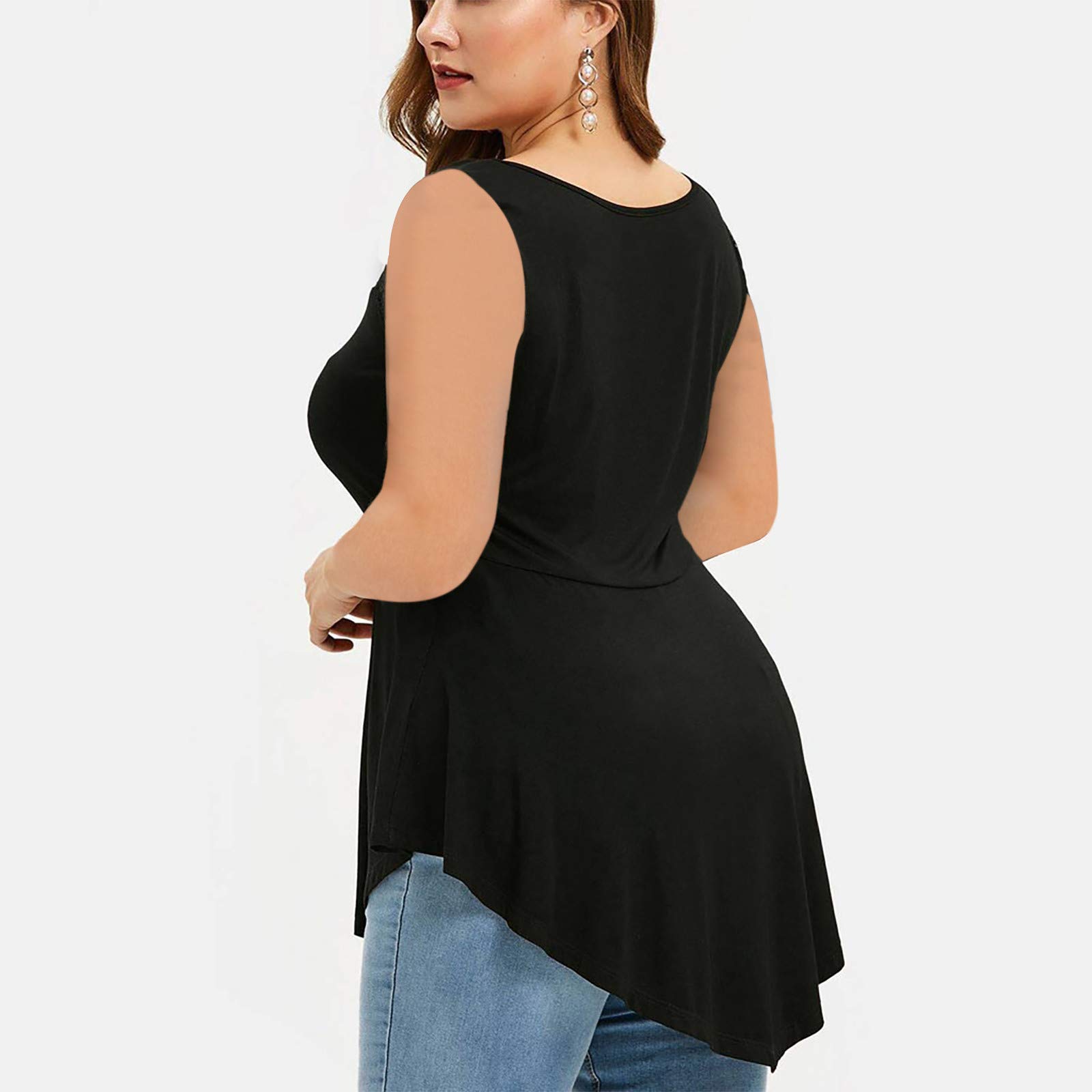 Floral Lace Plus Size Women's Sleeveless Blouse - Asymmetric O-Neck Tunic Top for Casual Wear & Summer Outfits