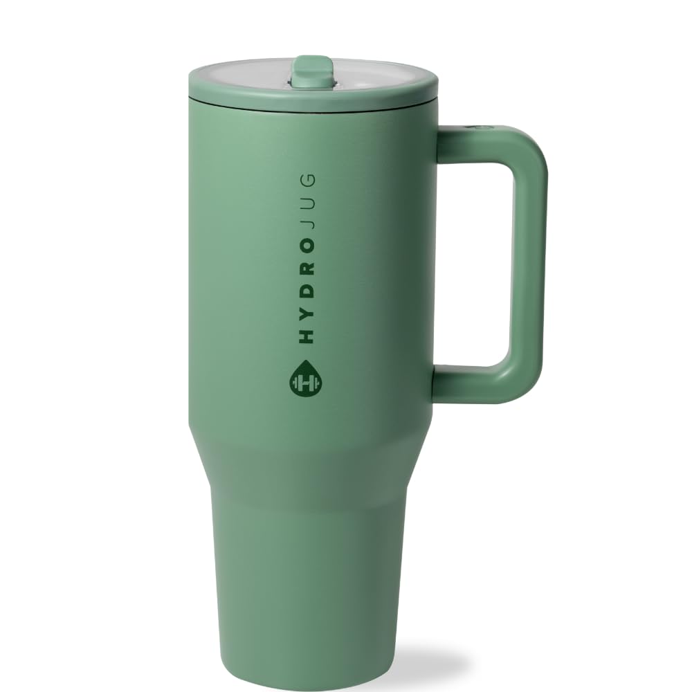 HydroJug Traveler - 32 oz Insulated Stainless Steel Water Bottle with Handle & Flip Straw - Leak Proof, Fits in Cup Holder - Reusable Travel Tumbler with Rubber Base - Perfect Gift for Women & Men (Sage Green) - Ideal for Gym, Hiking, Office & Outdoor Activities