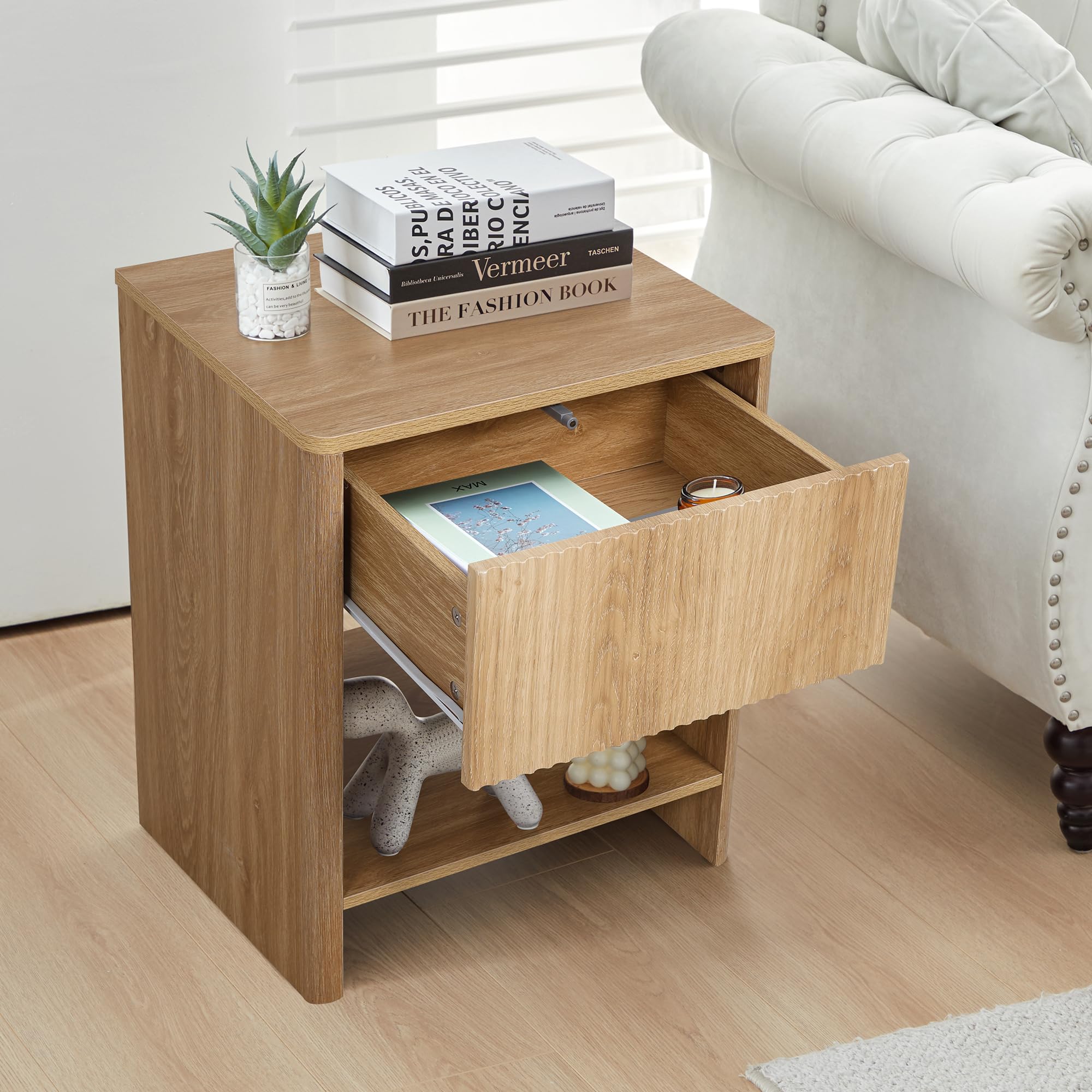 Modern Boho Nightstand Set of 2 with Drawer - Wood Fluted Cabinet Bedside Tables with Storage for Small Spaces - Perfect for Bedroom, Living Room & Apartment Decor