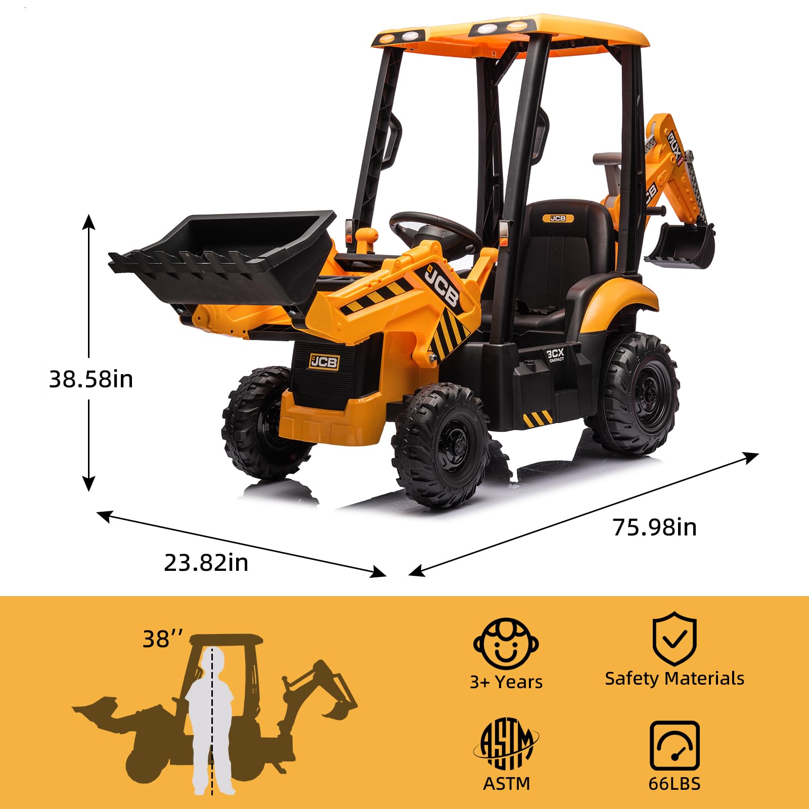 **12V JCB Ride-On Excavator Toy for Kids Ages 4-8 – Electric Construction Vehicle with Tractor, Bulldozer, Digging Arm & Backhoe – Slow Start/Stop & Adjustable Speeds (Yellow with Roof) – Perfect for Outdoor Play, Birthday Gifts & Pretend Construction Fun**