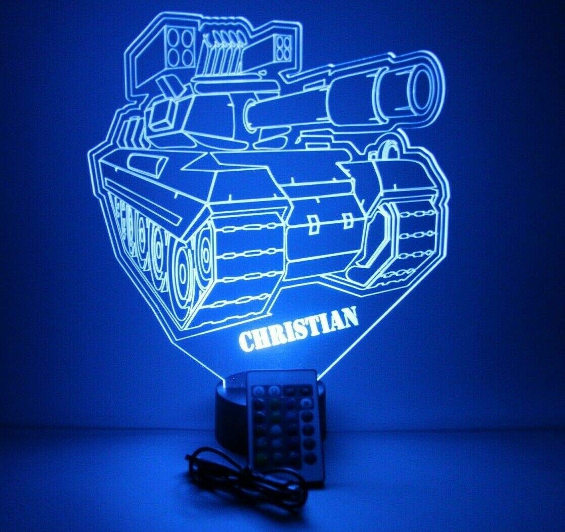 Custom LED Night Light - Personalized Vehicles, Planes, Trains & Automobiles Name Lamp with 16 Color Changing Remote | Desk & Table Lamp for Kids Room, Nursery, Bedroom Decor | Perfect Gift for Boys, Girls & Military Enthusiasts (Tank Combat Army Theme)