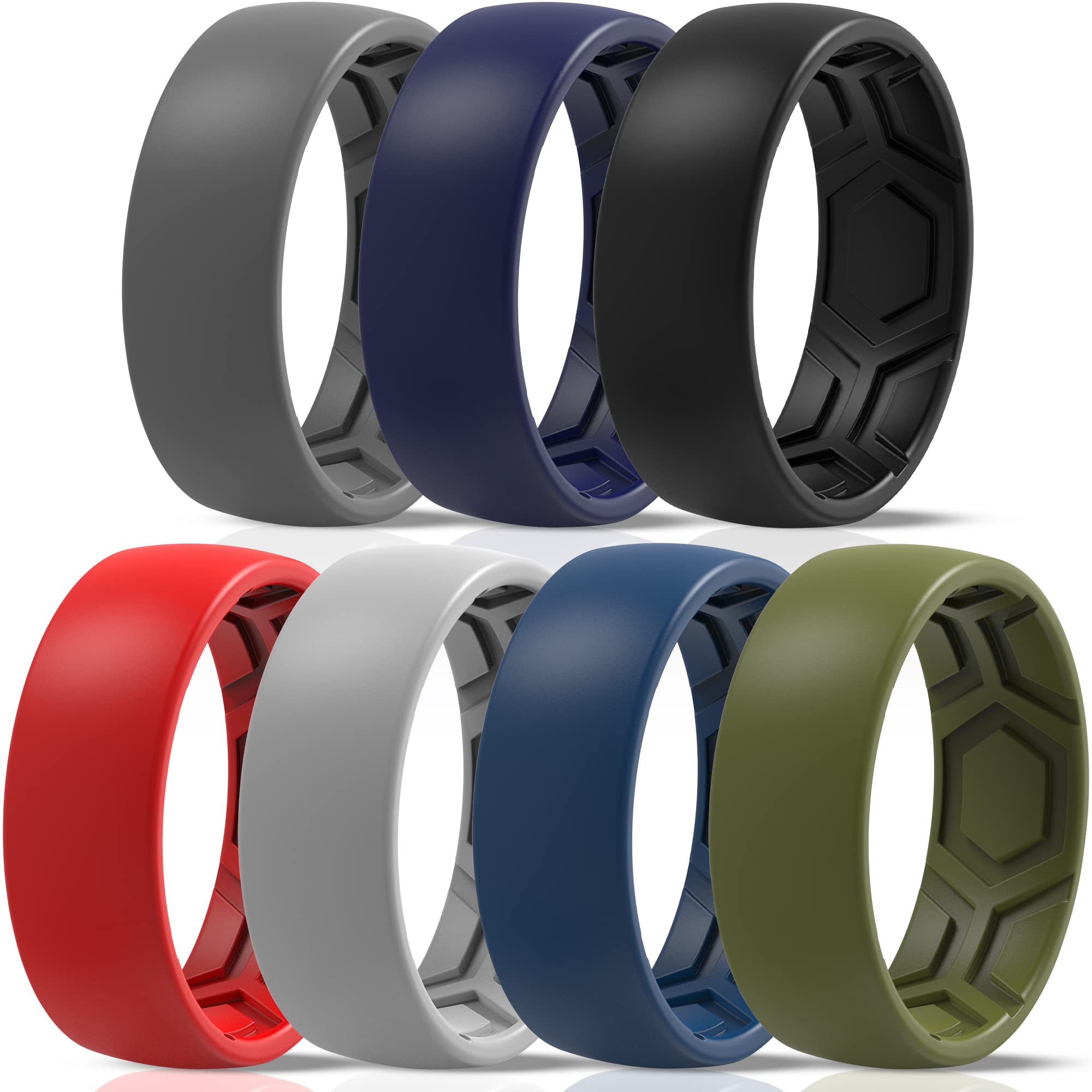 ThunderFit Silicone Wedding Bands for Men - 8mm Wide 2.5mm Thick Breathable Patterned Ring Set (1/4/7 Pack) - Durable Comfort Fit Alternative Metal Ring for Gym, Work, Travel & Outdoor Activities